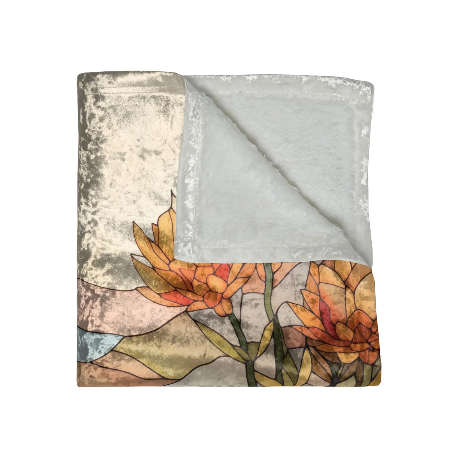 A folded 50x60 Stained Glass Succulents Crushed Velvet Blanket, featuring a soft light gray underside and a patterned top with geometric and abstract flower designs in orange and brown hues.