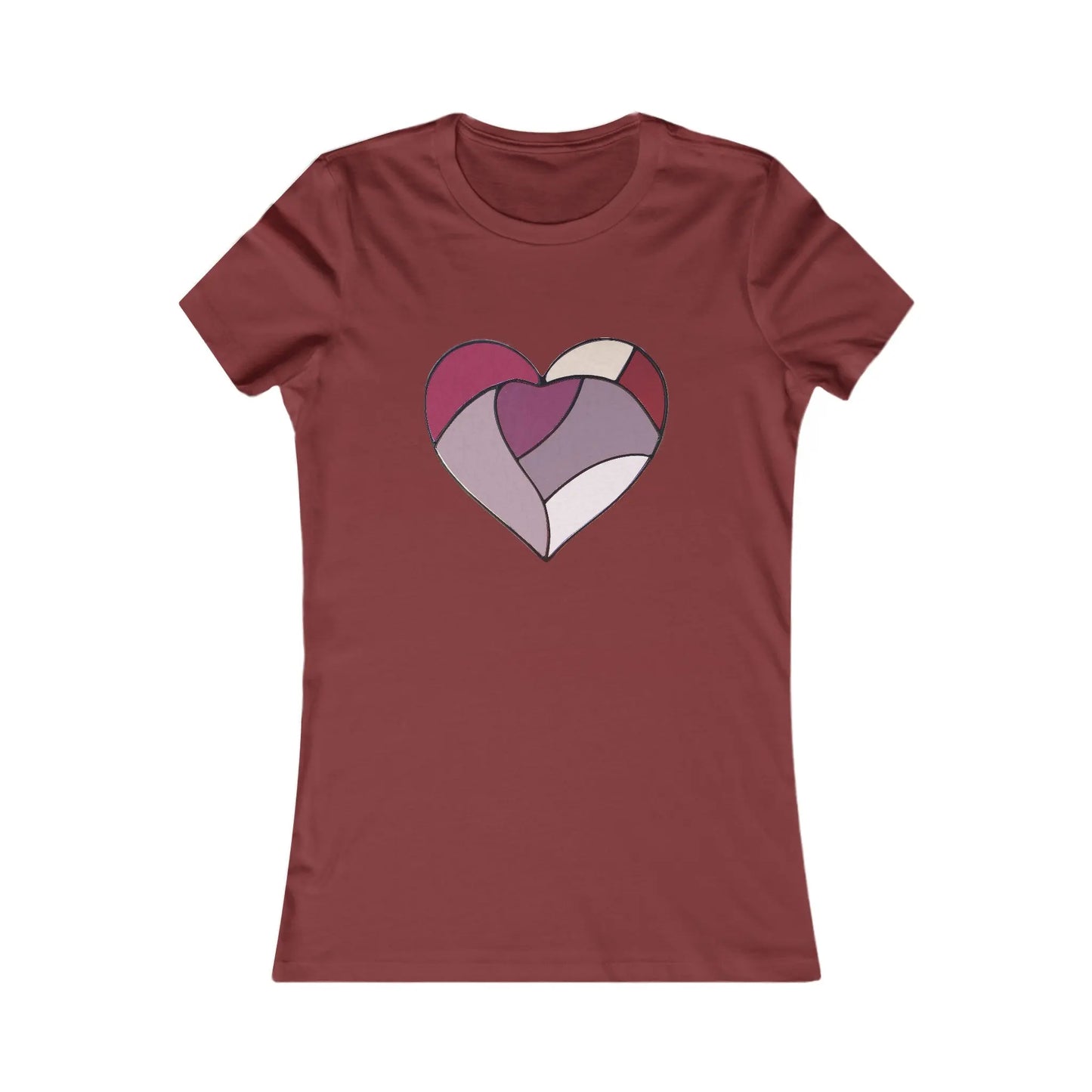 The Stained Glass Heart Womens Tee Shirt is a sustainable maroon fitted top featuring a large, stylized heart in pink, purple, and cream, resembling a stained glass pattern and merging artistic elegance with eco-friendly fashion.
