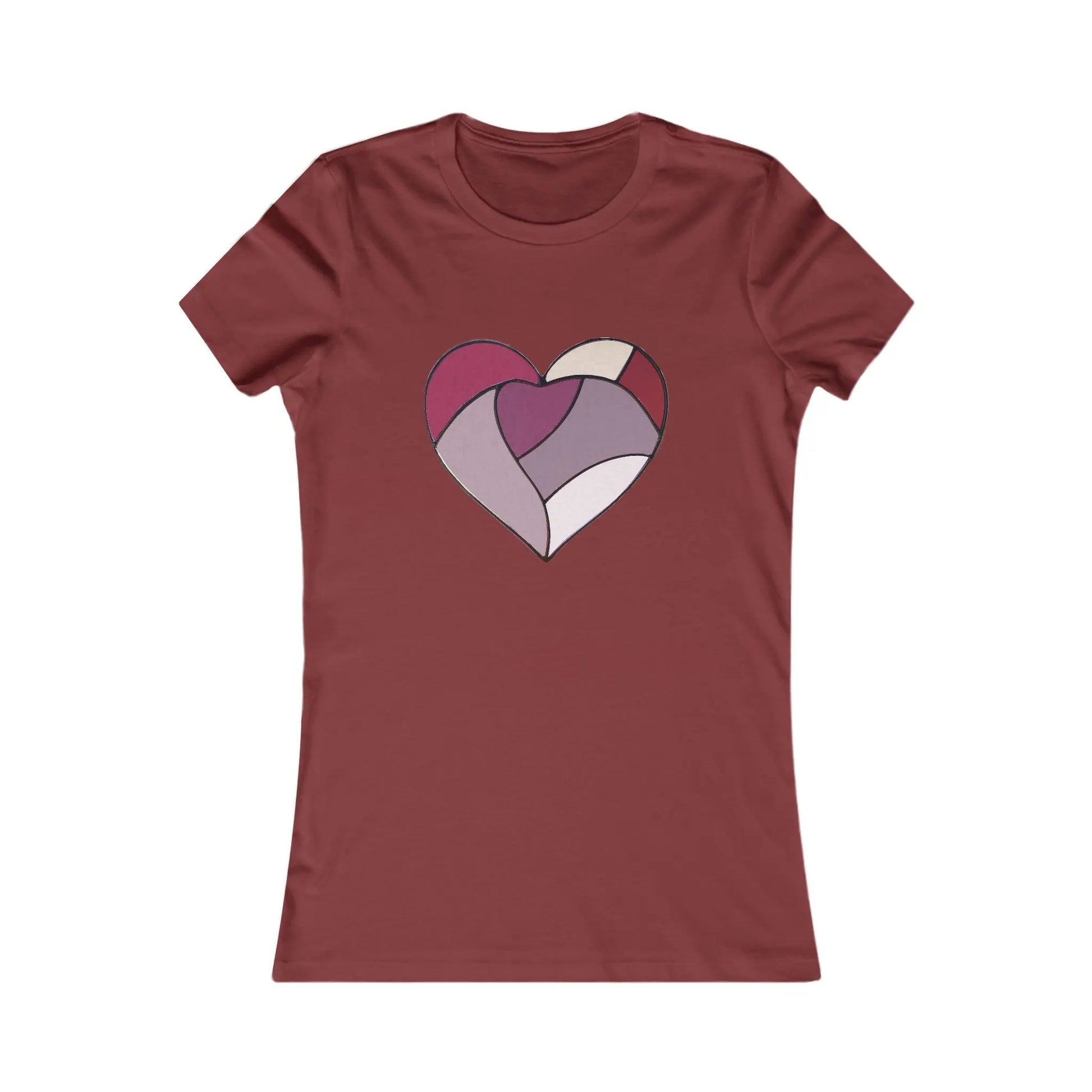 The Stained Glass Heart Womens Tee Shirt is a sustainable maroon fitted top featuring a large, stylized heart in pink, purple, and cream, resembling a stained glass pattern and merging artistic elegance with eco-friendly fashion.