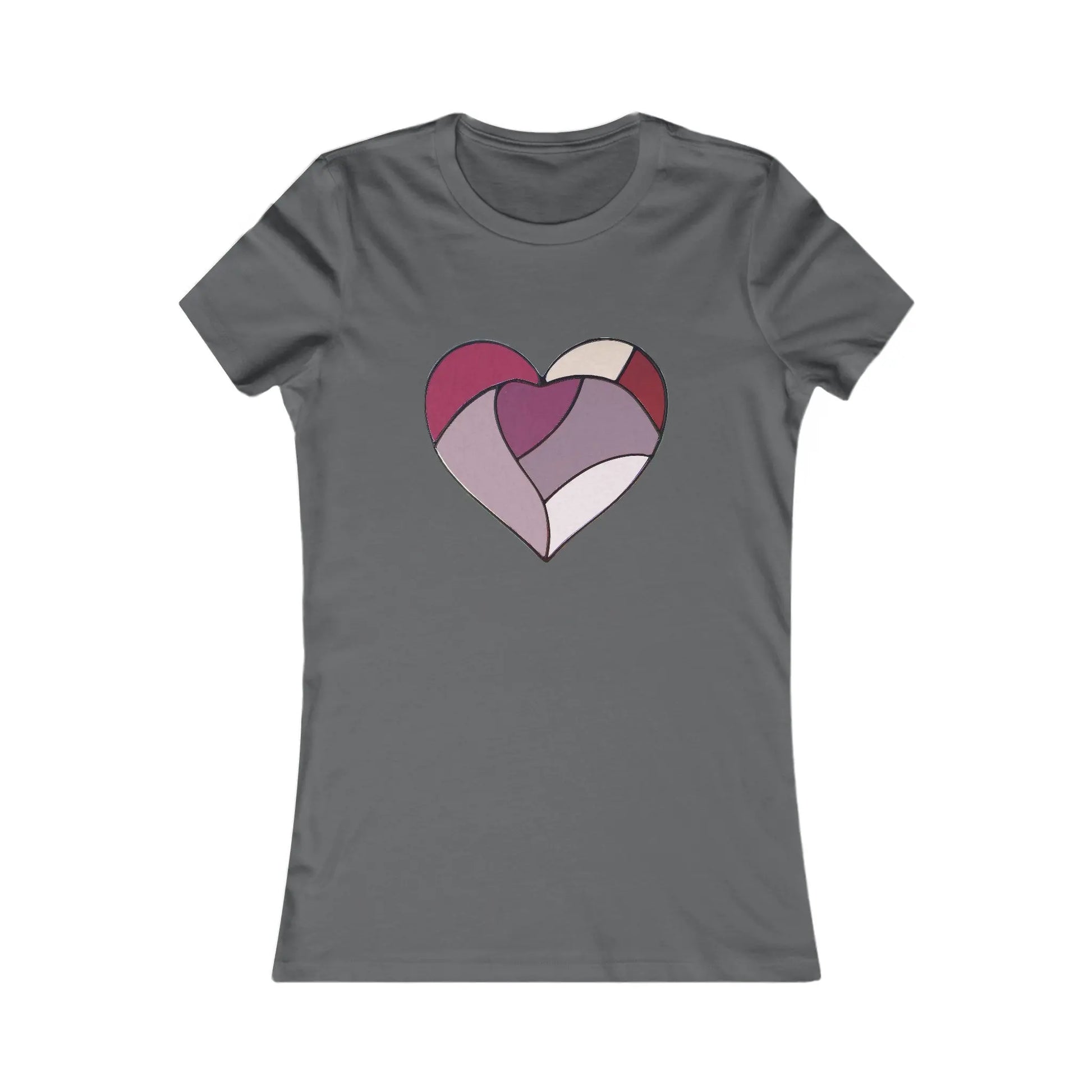 The Stained Glass Heart Womens Tee Shirt features a heart design that mimics stained glass with red, pink, purple, and beige segments.