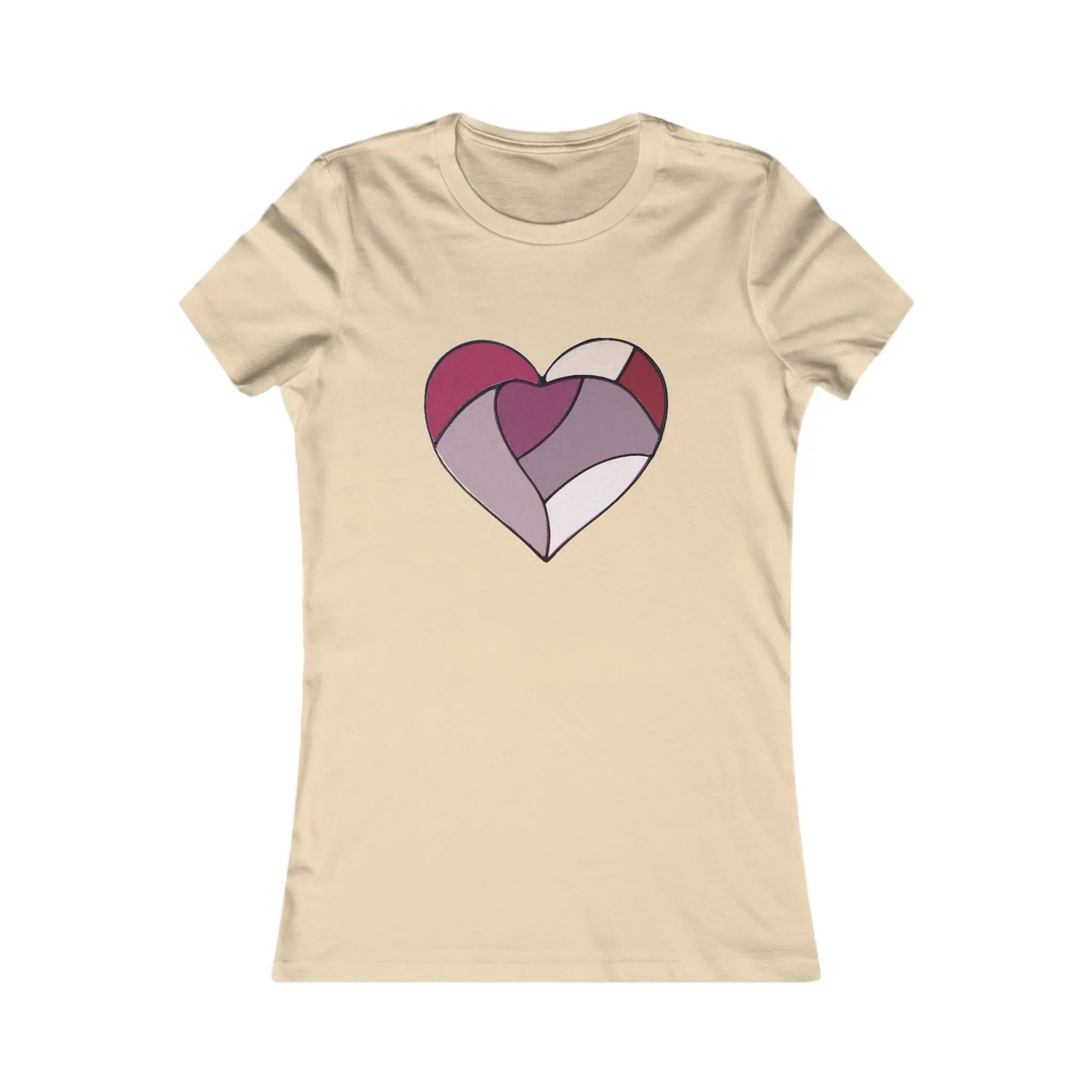 The Stained Glass Heart Womens Tee Shirt is beige with a stylized heart design in red, pink, and purple on the front. The hearts abstract pattern features segmented sections.
