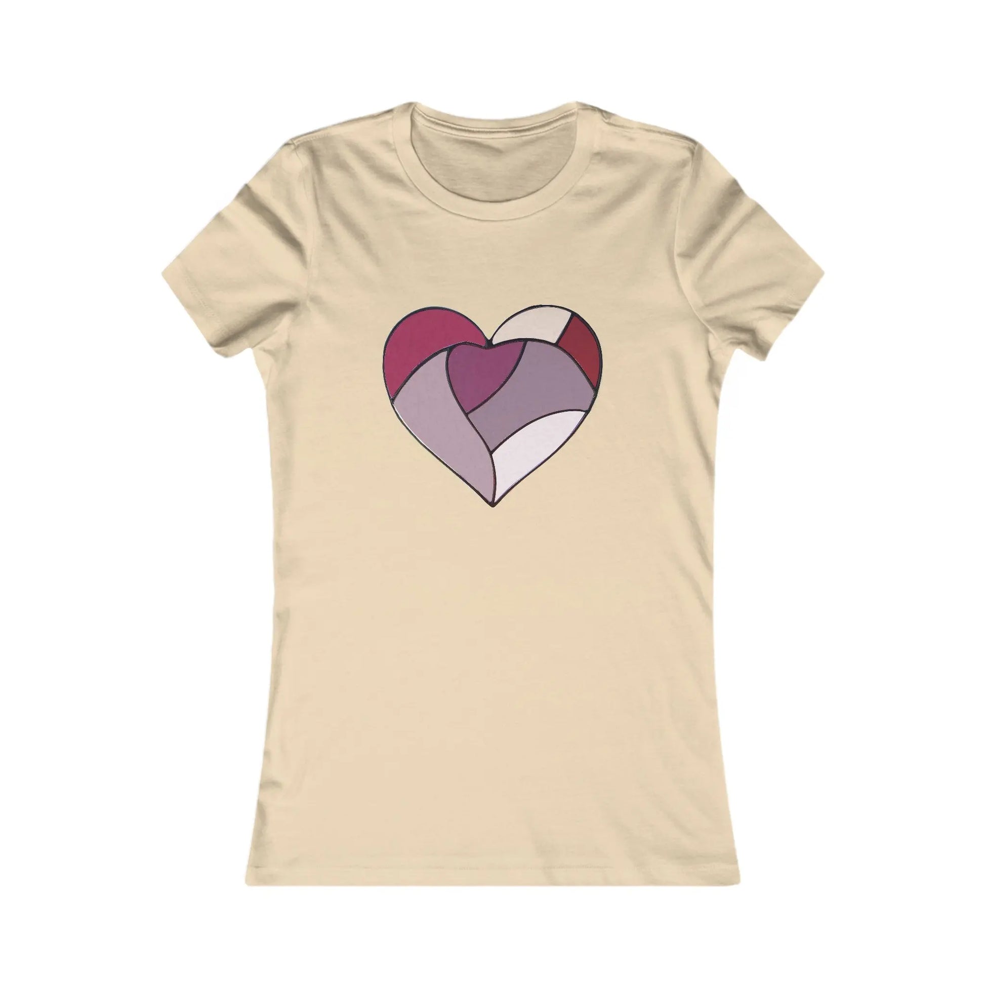 The Stained Glass Heart Womens Tee Shirt is beige with a stylized heart design in red, pink, and purple on the front. The hearts abstract pattern features segmented sections.