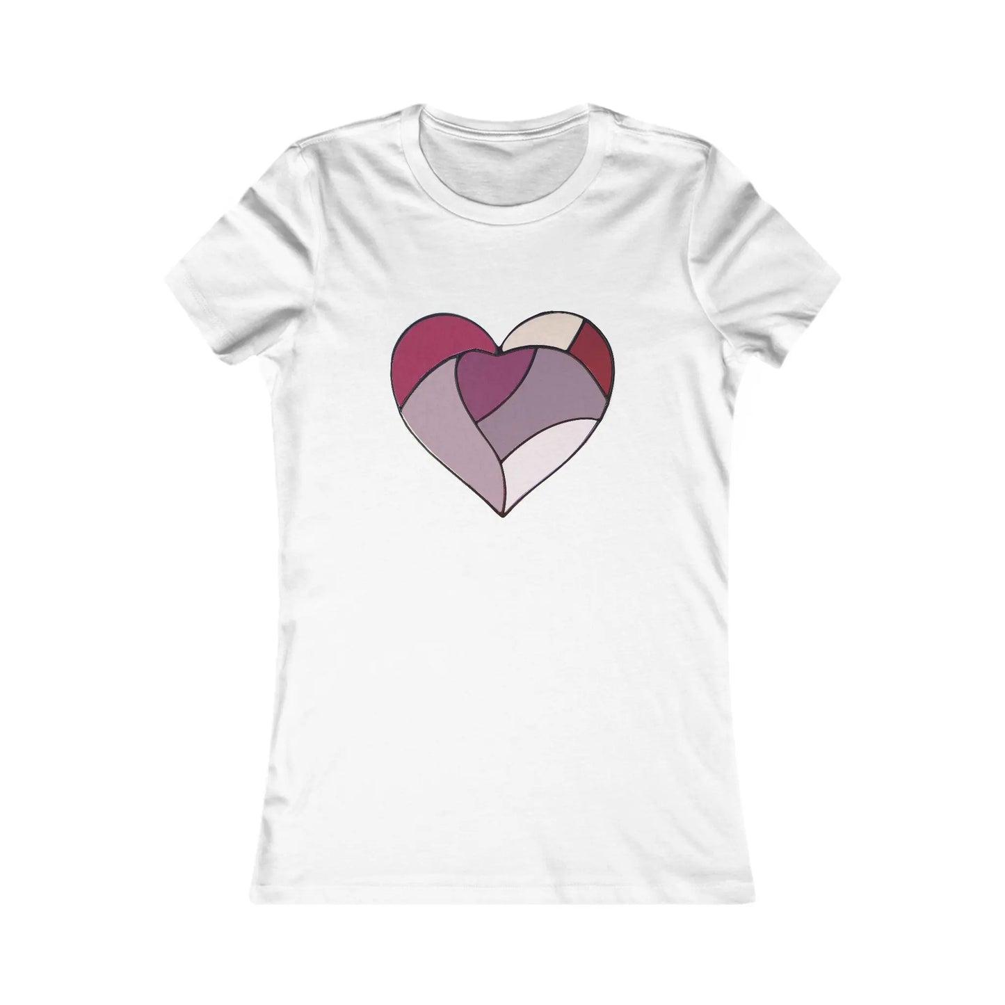 The Stained Glass Heart Womens Tee Shirt is a white T-shirt showcasing a multicolored stained glass heart design on the front with shades of purple, red, and beige in an abstract pattern. Its crafted from sustainable materials for an eco-friendly touch.