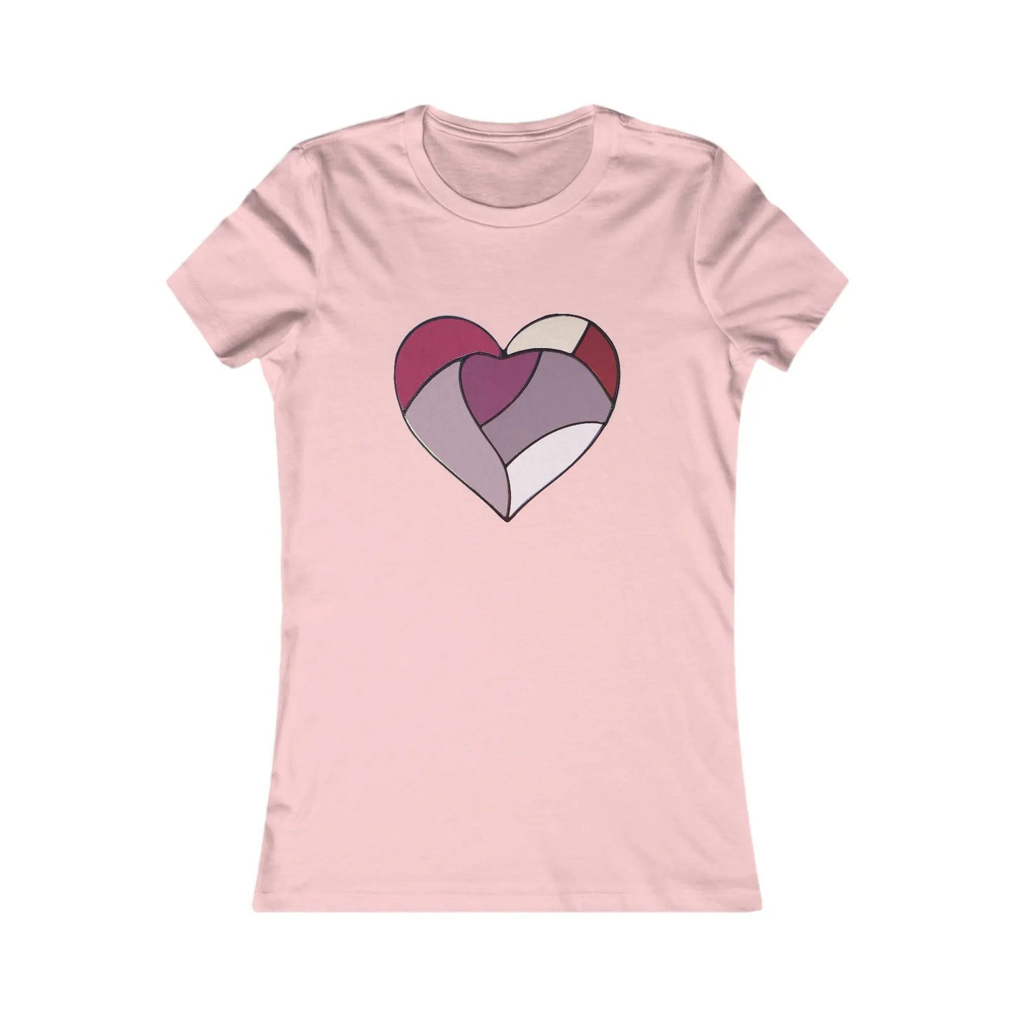 The Stained Glass Heart Womens Tee Shirt is a pink T-shirt with a heart design in the center, crafted from pink, red, and cream-colored stained glass pattern segments.