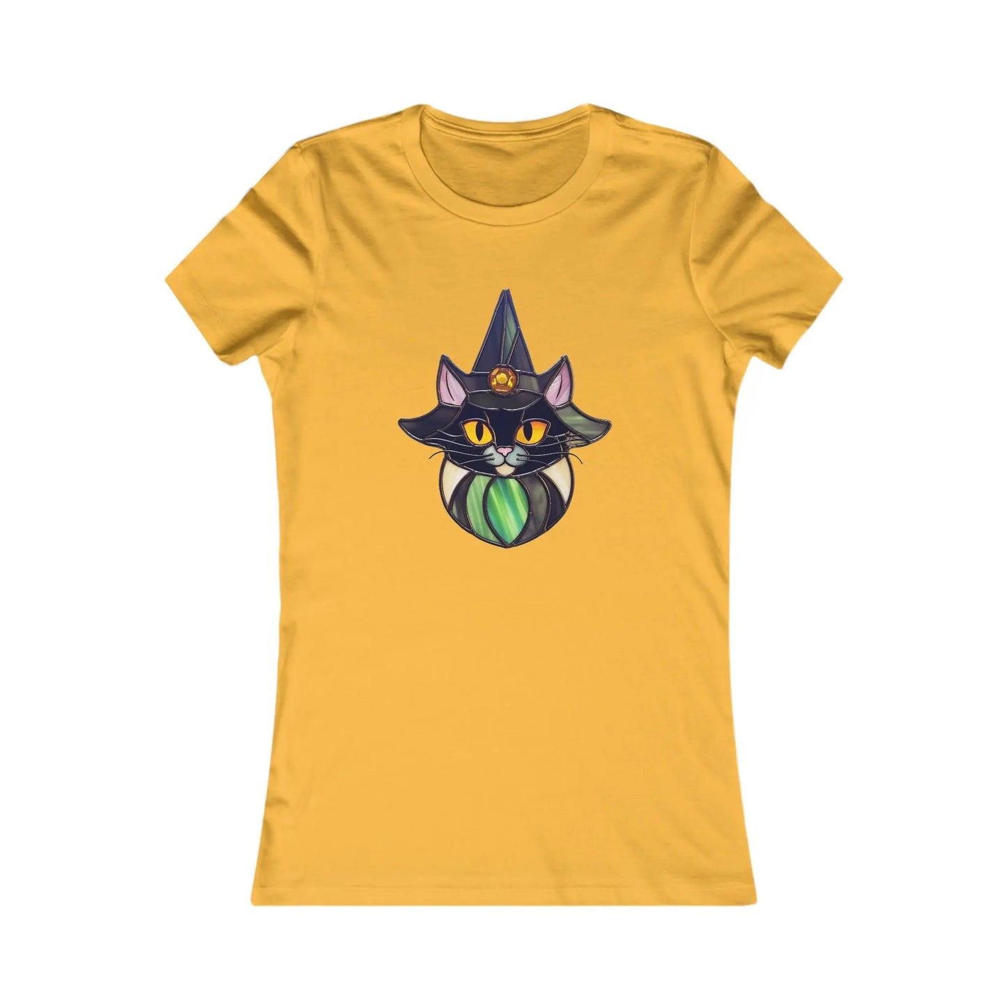 The Stained Glass Cat Witch Womens Tee Shirt features a custom yellow design with a black cat in a witch hat, highlighted by a crescent moon and green pendant, creating the look of stained glass art on the front for maximum visual impact.