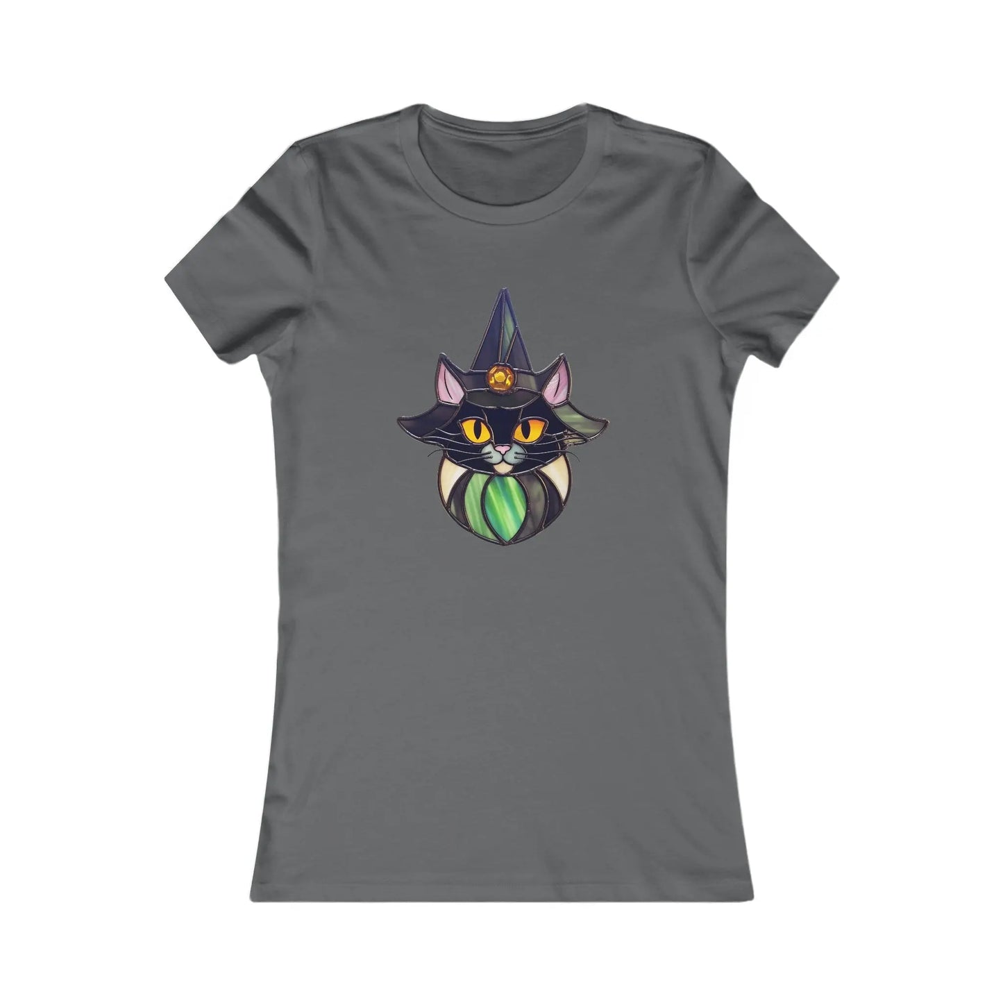 This custom Stained Glass Cat Witch Womens Tee Shirt features a graphic of a black cat wearing a witch hat with a pumpkin, enhanced by its vivid yellow eyes and green bandana, creating a unique and charming design.