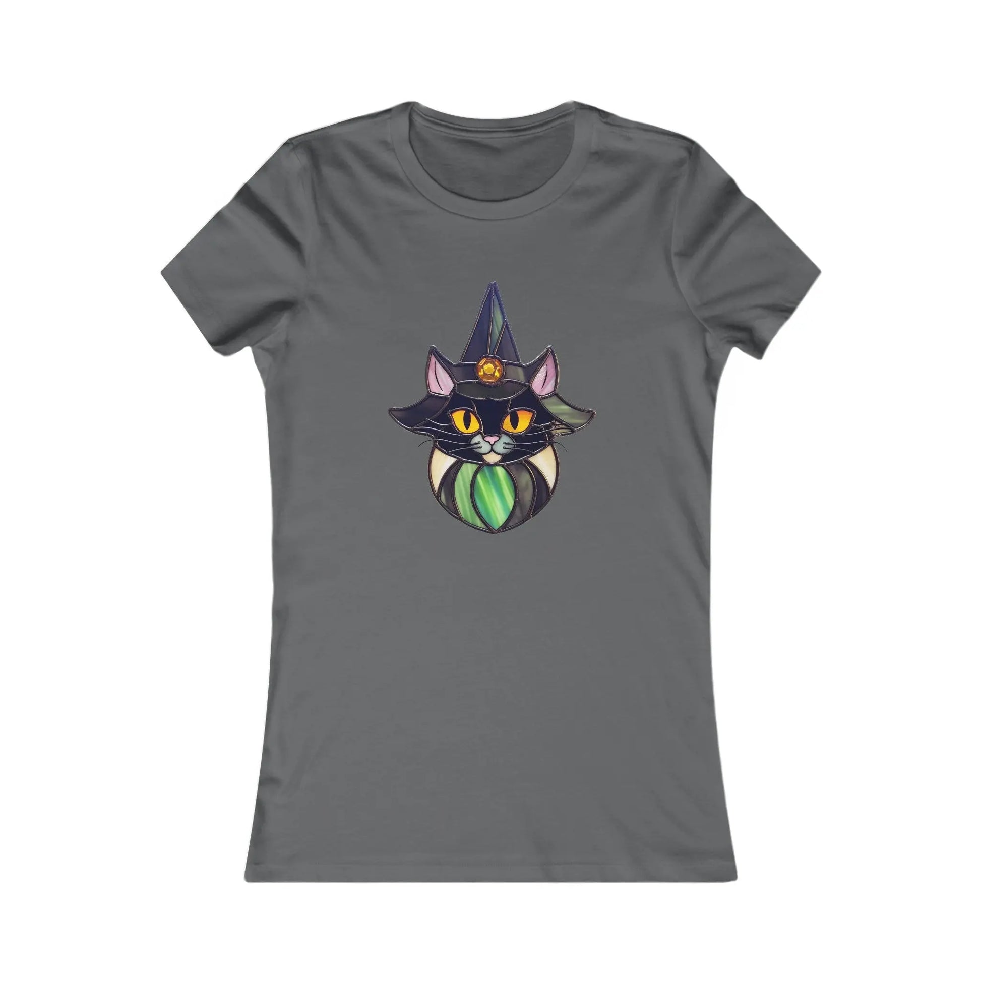 This custom Stained Glass Cat Witch Womens Tee Shirt features a graphic of a black cat wearing a witch hat with a pumpkin, enhanced by its vivid yellow eyes and green bandana, creating a unique and charming design.