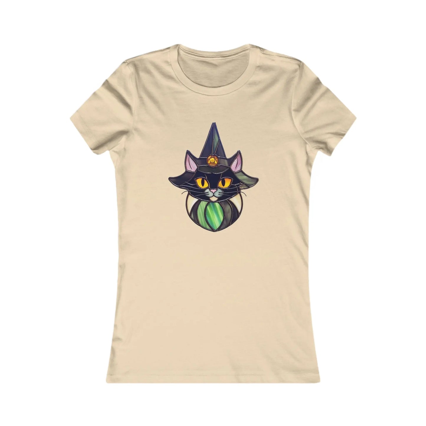 The Stained Glass Cat Witch Womens Tee Shirt showcases a dark-furred cat with a pointed hat adorned by a crescent moon and green accents, echoing stained glass art, on a custom-made light beige fabric with an intricate collar.