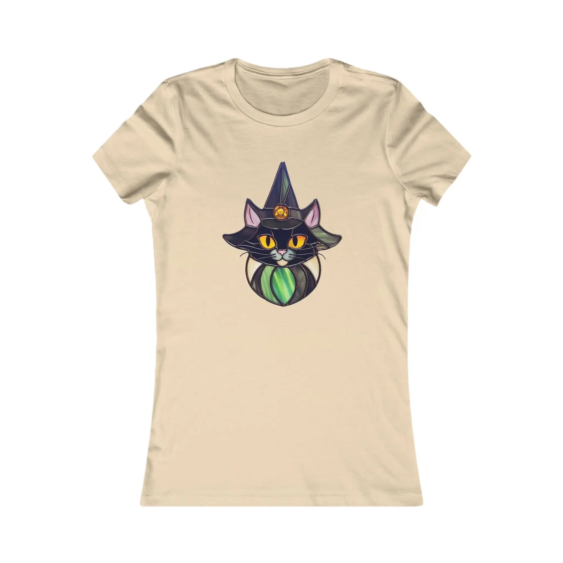 The Stained Glass Cat Witch Womens Tee Shirt showcases a dark-furred cat with a pointed hat adorned by a crescent moon and green accents, echoing stained glass art, on a custom-made light beige fabric with an intricate collar.