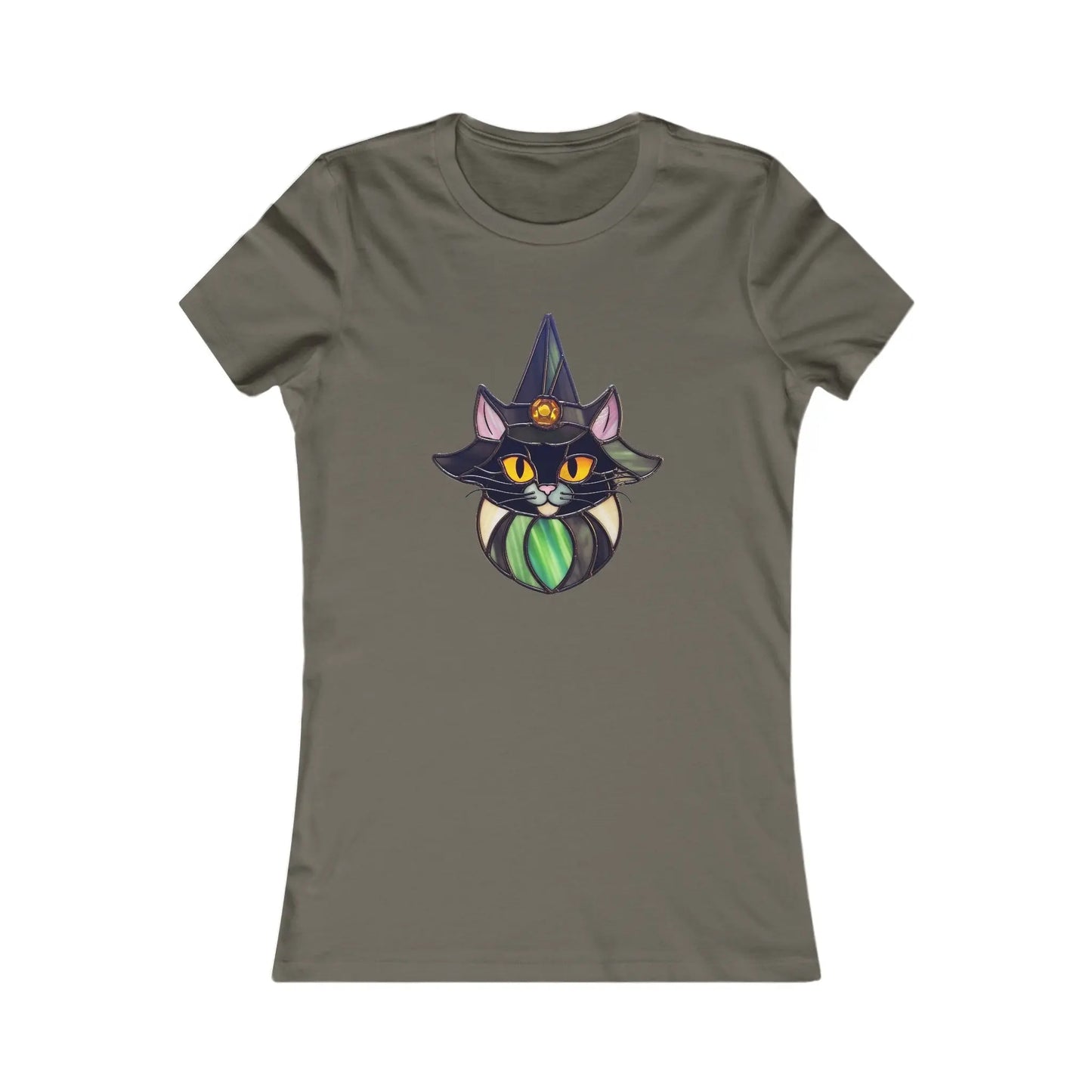 The Stained Glass Cat Witch Womens Tee Shirt is an olive green fitted tee showcasing a custom design of a stylized black cat with orange eyes, a witch hat, and a green pendant on the chest, capturing the charm of stained glass art.