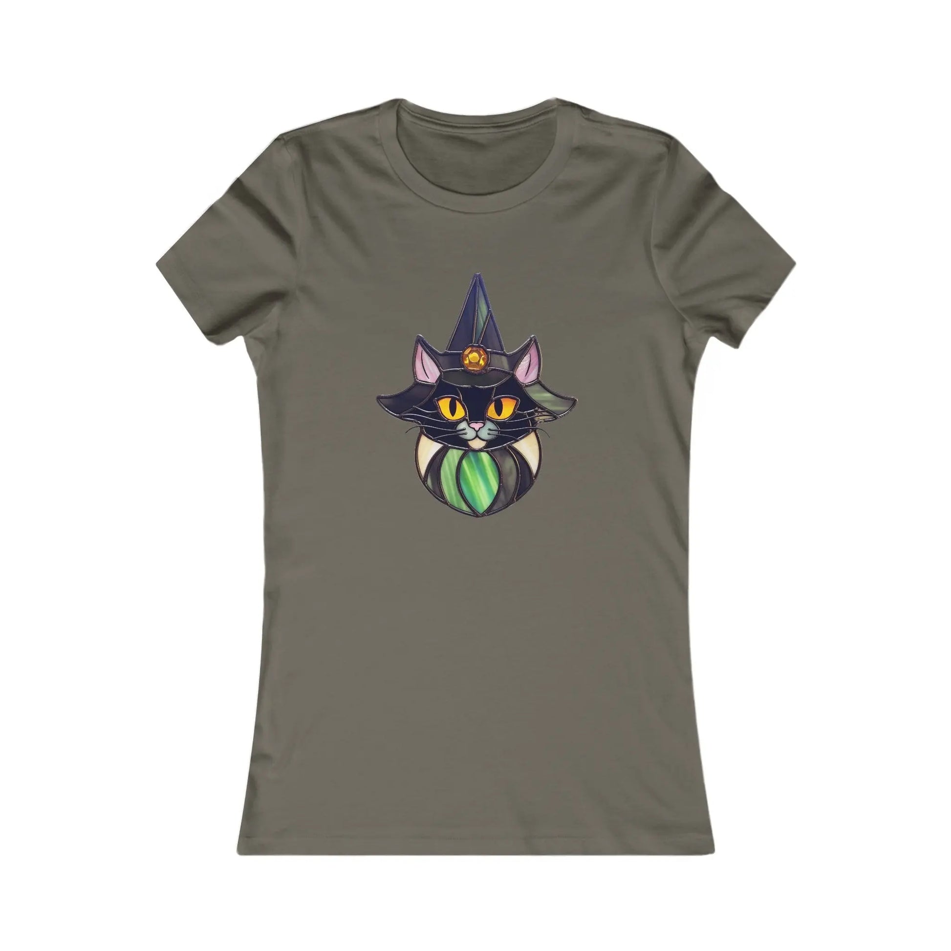 The Stained Glass Cat Witch Womens Tee Shirt is an olive green fitted tee showcasing a custom design of a stylized black cat with orange eyes, a witch hat, and a green pendant on the chest, capturing the charm of stained glass art.