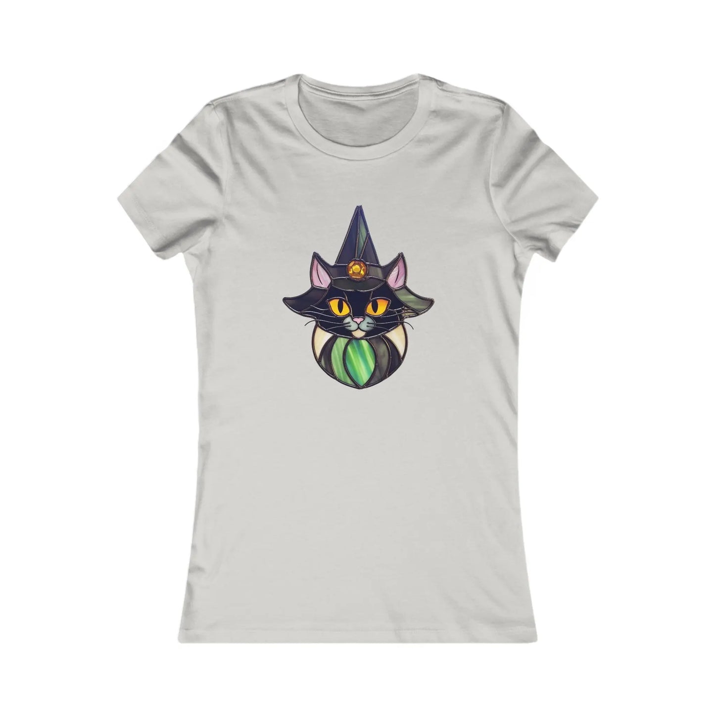 The Stained Glass Cat Witch Womens Tee features a light gray design with a custom graphic of a black cat in a witch hat, crescent moon emblem, orange eyes, and green collar, capturing the essence of stained glass artistry.