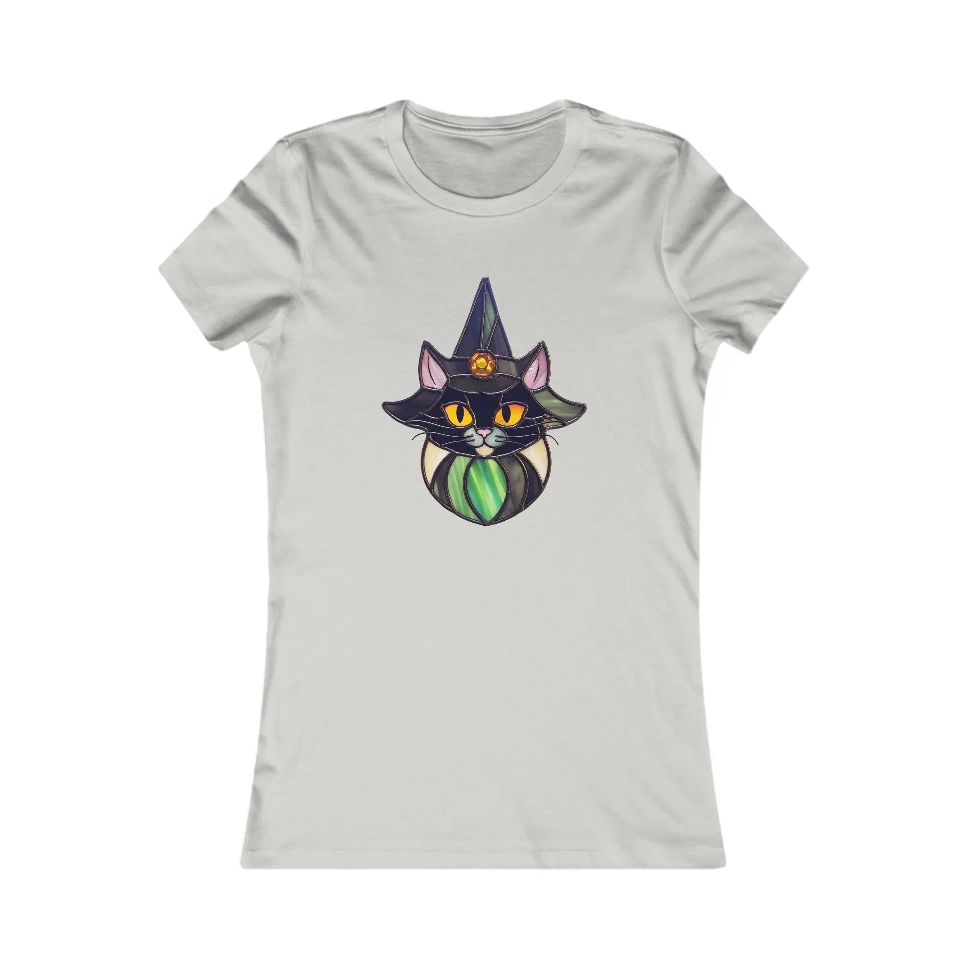 The Stained Glass Cat Witch Womens Tee features a light gray design with a custom graphic of a black cat in a witch hat, crescent moon emblem, orange eyes, and green collar, capturing the essence of stained glass artistry.