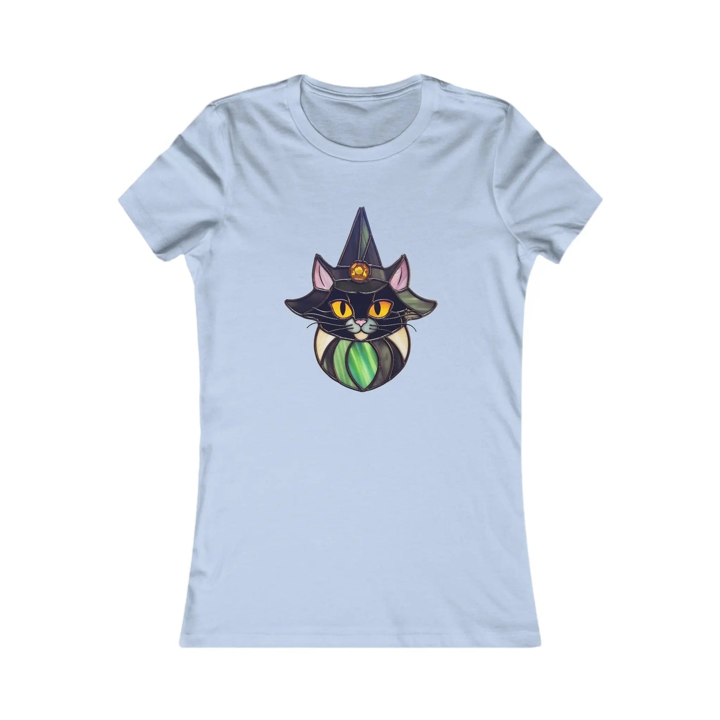 Stained Glass Cat Witch Womens Tee Shirt in light blue, featuring a colorful stained glass-style cat illustration wearing a witchs hat with green and purple accents, vibrant yellow eyes, and a playful expression.