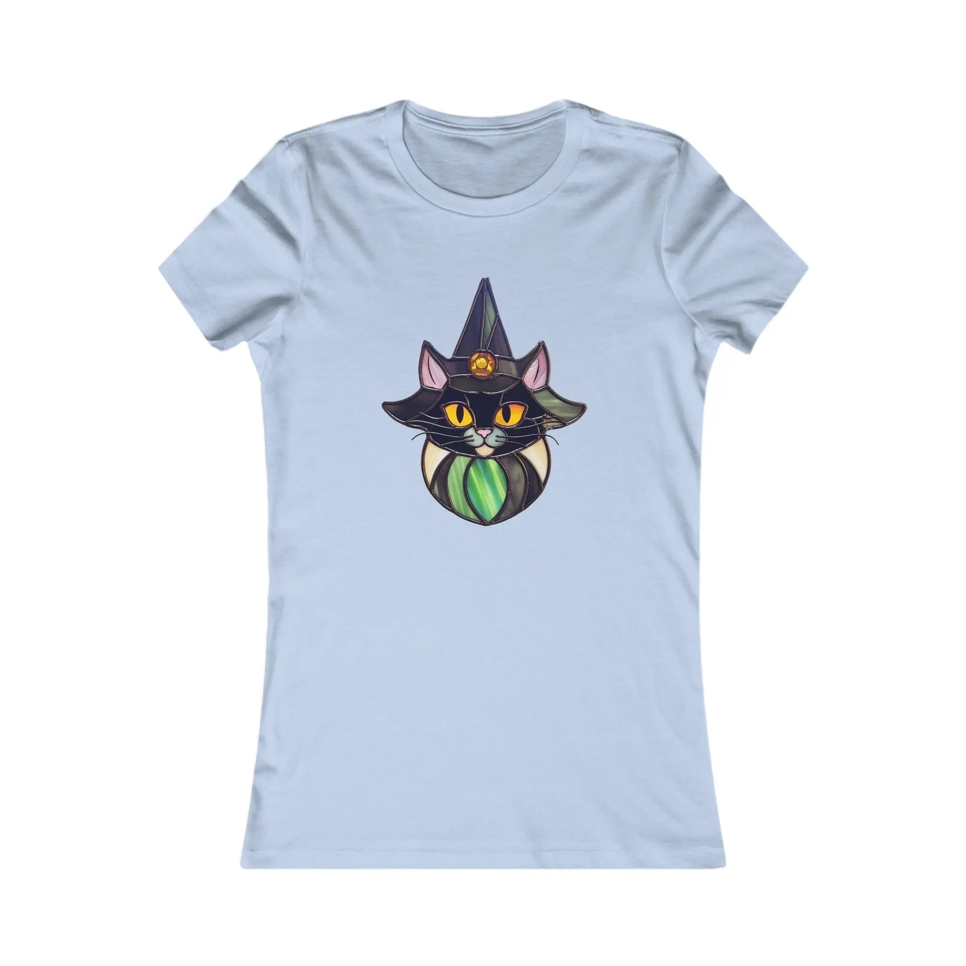 Stained Glass Cat Witch Womens Tee Shirt in light blue, featuring a colorful stained glass-style cat illustration wearing a witchs hat with green and purple accents, vibrant yellow eyes, and a playful expression.