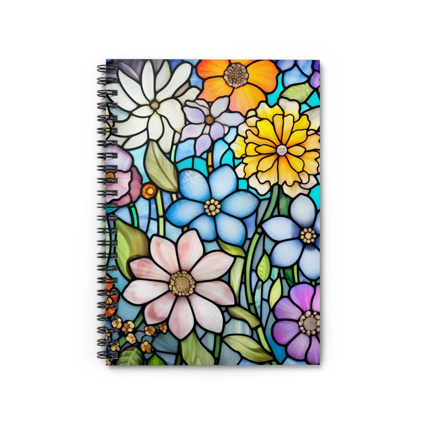A picture of the Stained Glass Flowers Spiral Notebook from GlassyRock Arts.