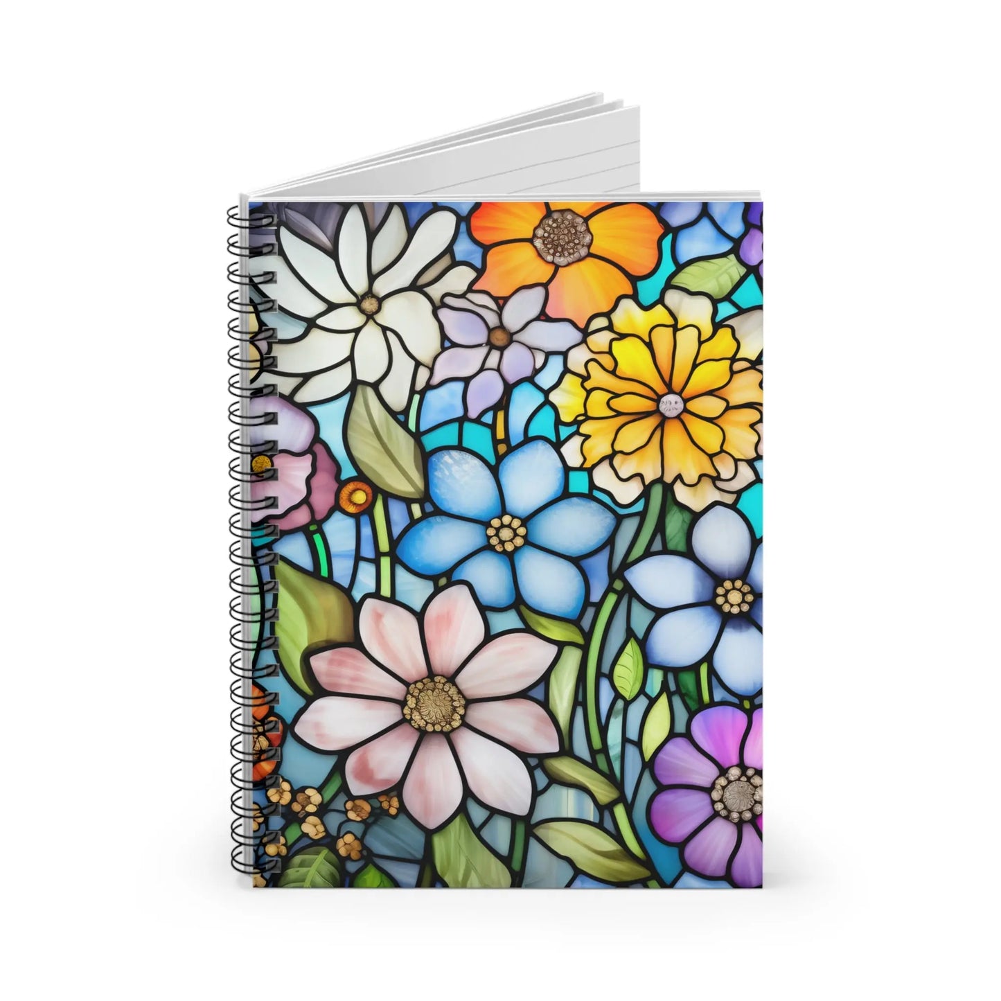A picture of the Stained Glass Flowers Spiral Notebook from GlassyRock Arts.