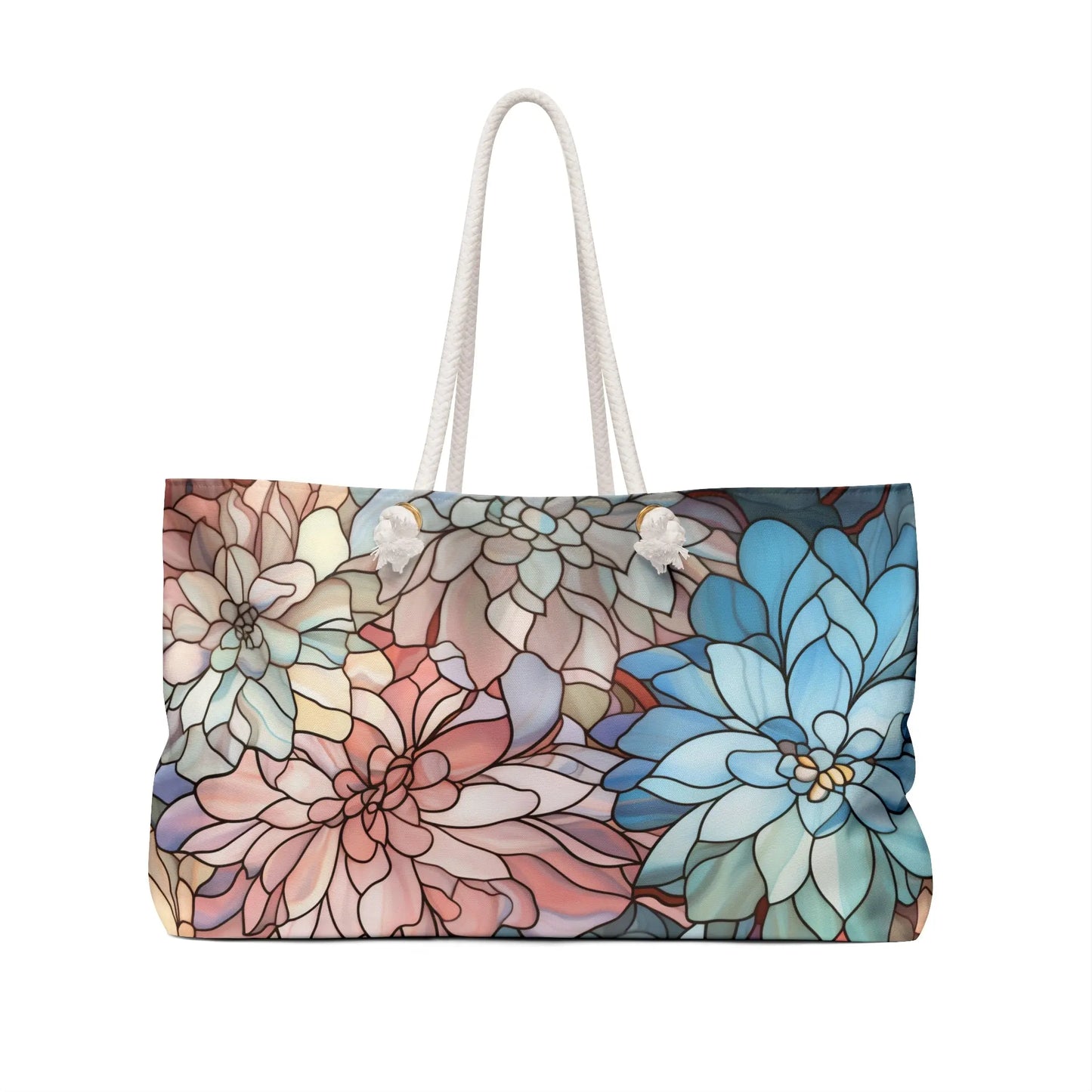 The Stained Glass Dark Flowers Oversized Tote Bag features a vibrant stained glass floral design in blue, pink, and beige. With its white rope handles, its an ideal boho gift for those who appreciate unique artistic accessories.