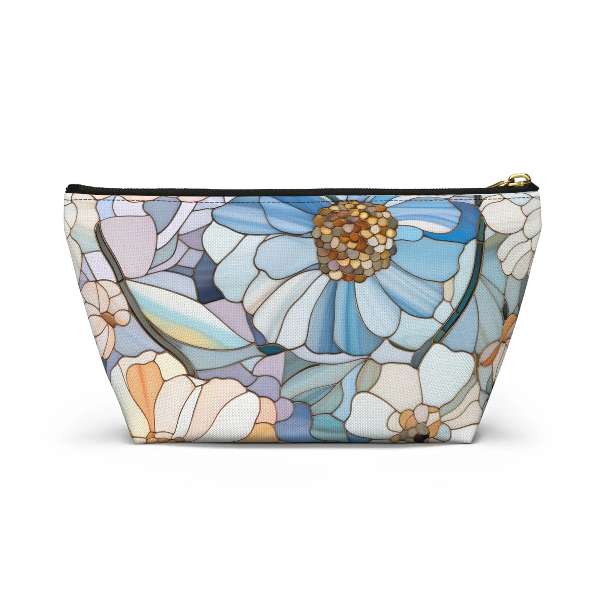 The Stained Glass Flowers Cosmetic Bag is a flat bottom cosmetic bag with a floral design in soft pastel colors, featuring blue and white flowers in a boho gift pattern.