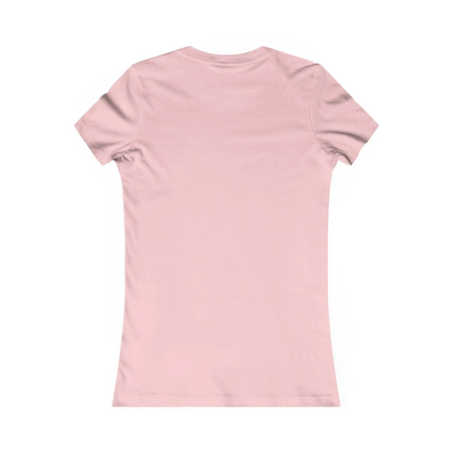The back view of the Stained Glass Gnome Womens Tee Shirt, in light pink with a fitted shape and short sleeves on a white background, exudes subtle charm and elegance while championing sustainable fashion.