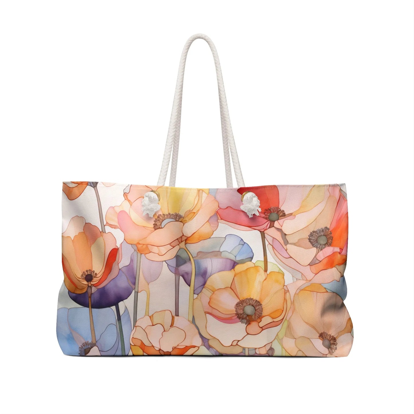 The Stained Glass Rainbow Poppies Oversized Tote Bag features a colorful print of stained glass poppy flowers in orange, yellow, and blue. Sturdy white rope handles add style and functionality.