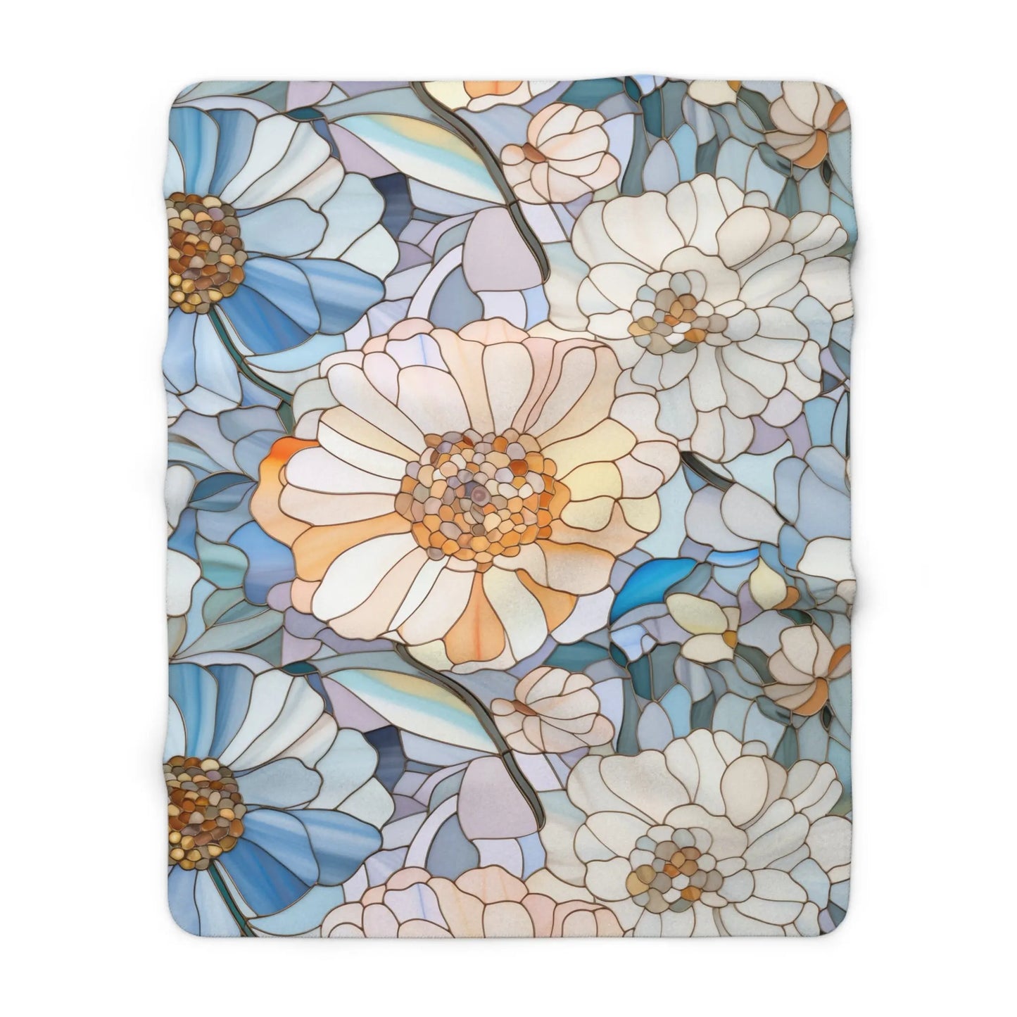 The Stained Glass Flowers Sherpa Fleece Blanket showcases a plush velveteen fabric with elaborate blue, orange, and white floral patterns on pastel and muted tones, merging boho elegance with a refined artistic flair.