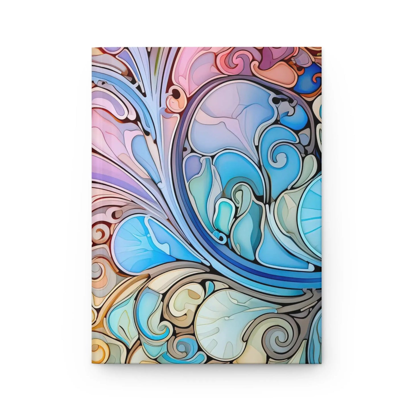 The Rainbow Paisley Stained Glass Hardcover Journal features swirling patterns in vibrant pinks, blues, and greens. Its design merges flowing lines with organic shapes for a dynamic and colorful composition reminiscent of abstract art.
