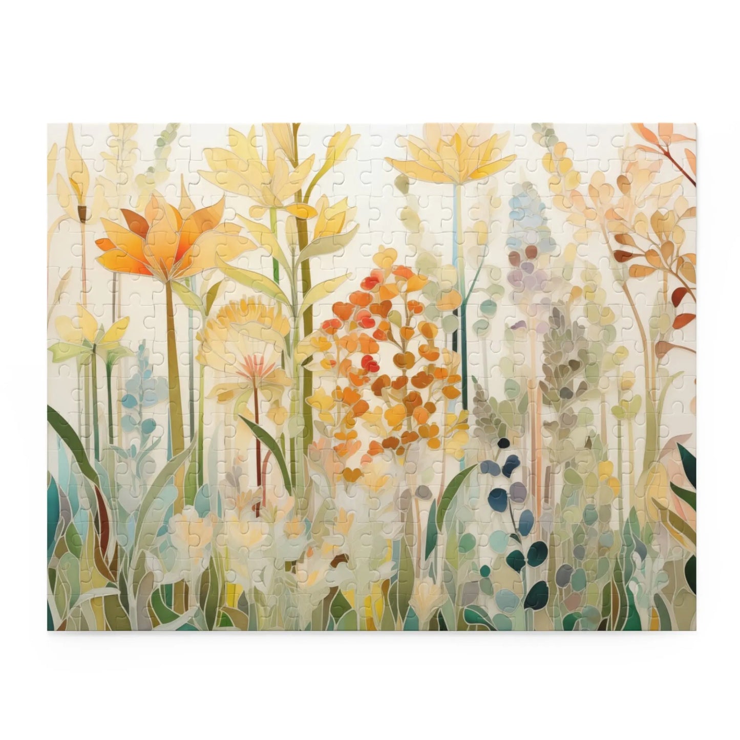 The Autumn Botanicals Jigsaw Puzzle features an abstract, vibrant design of wildflowers with orange, yellow, and blue blooms set against rich green foliage. Its a perfect art gift for nature lovers celebrating the beauty of fall.