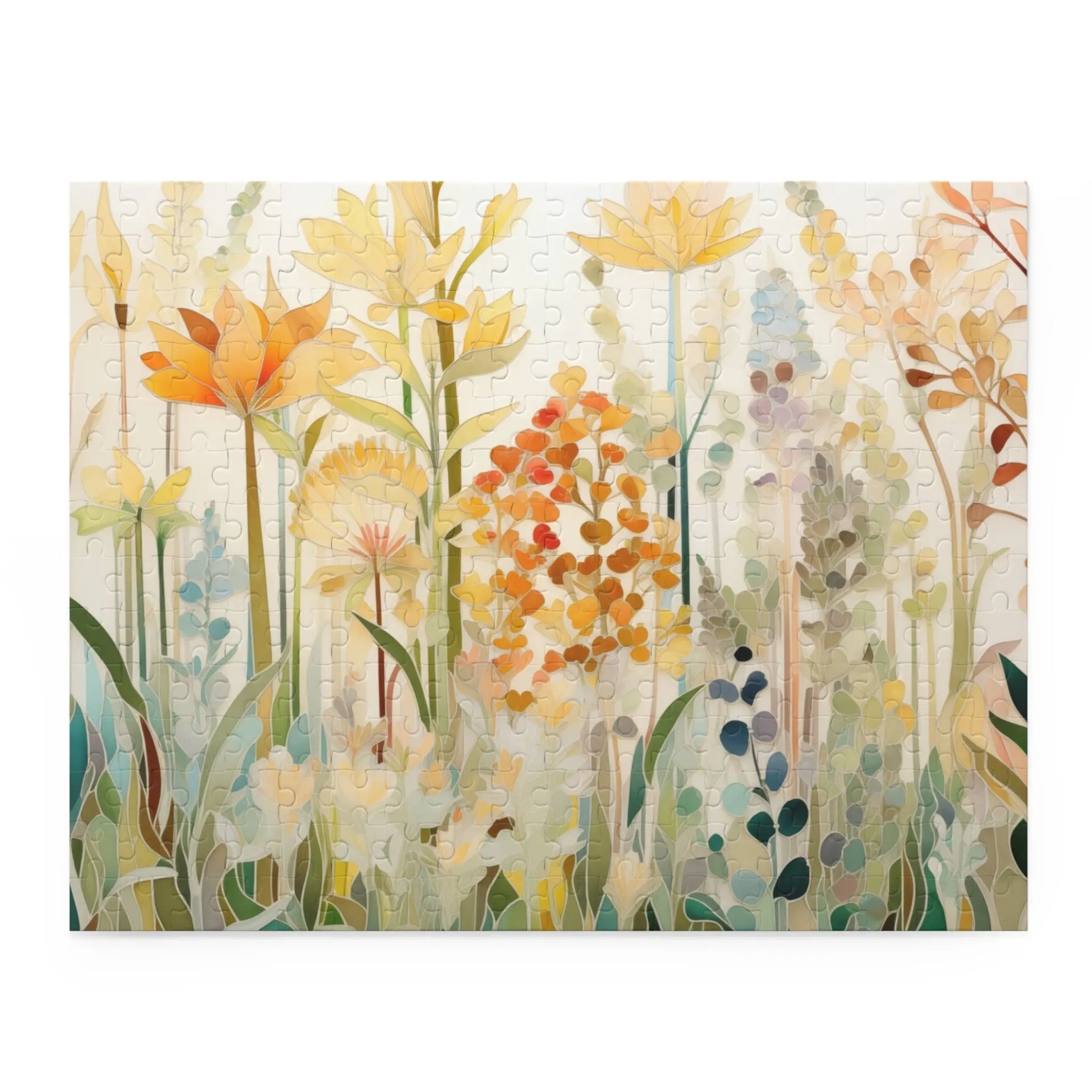 The Autumn Botanicals Jigsaw Puzzle features an abstract, vibrant design of wildflowers with orange, yellow, and blue blooms set against rich green foliage. Its a perfect art gift for nature lovers celebrating the beauty of fall.