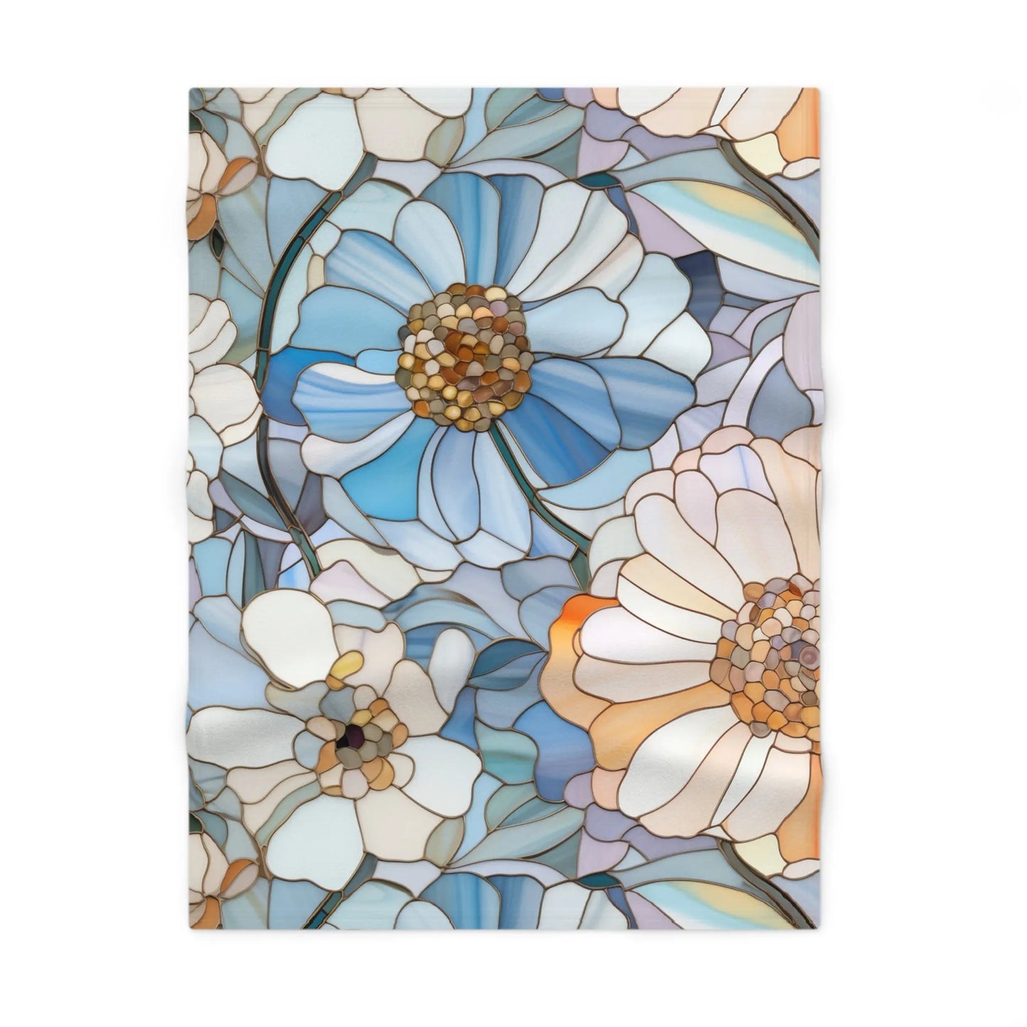 The Stained Glass Flowers Soft Fleece Baby Blanket showcases boho elegance with a design of large decorative flowers in blue, cream, and peach. Intricate petal detailing and textured centers are set against intertwining stems and subtle leaf patterns.