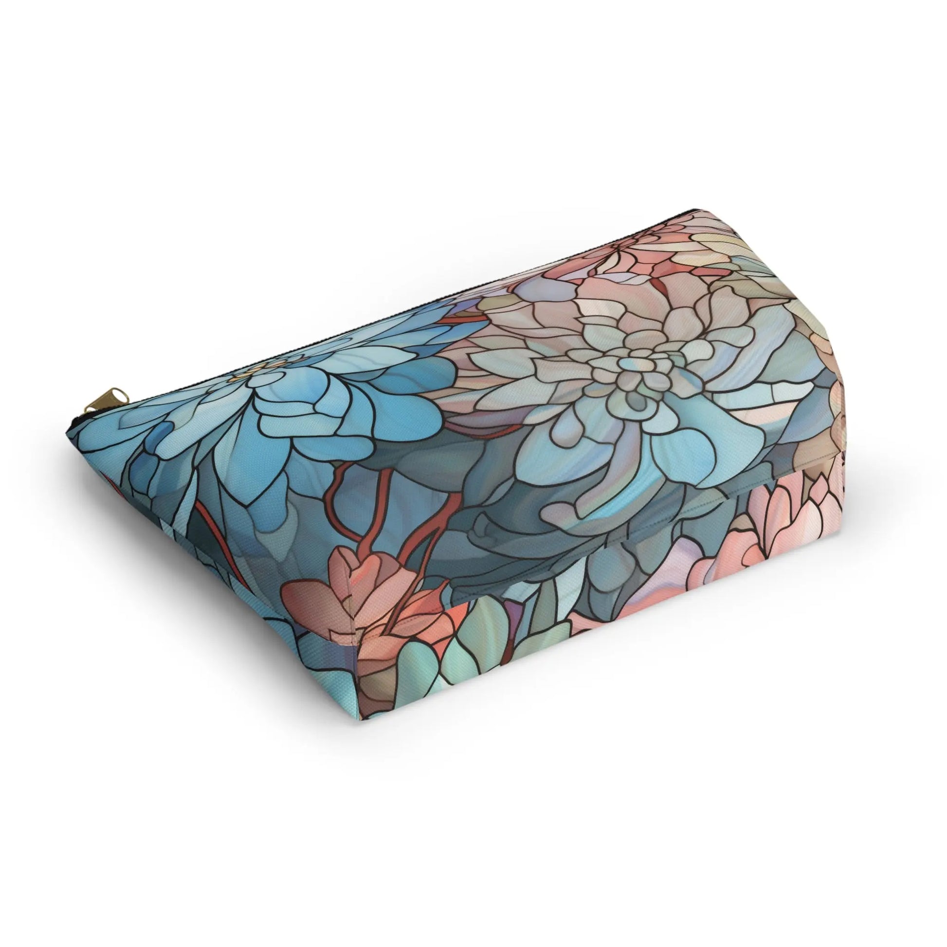 The Stained Glass Dark Flowers Cosmetic Bag boasts a zipper and vibrant floral design in blue, teal, pink, and beige, echoing stained glass art. Its the ideal boho gift to infuse artistic flair into your daily essentials.