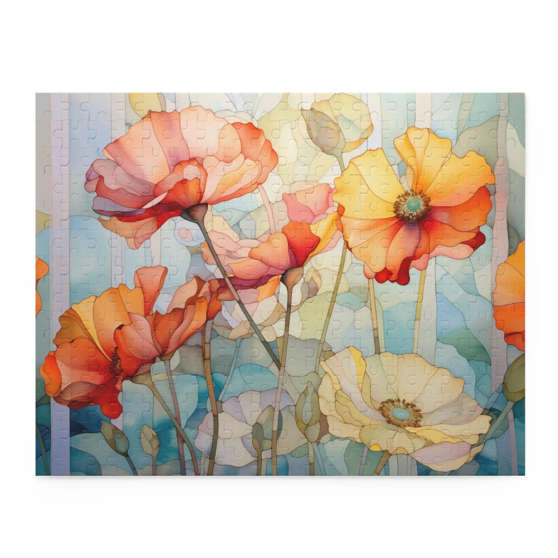 The Watercolor Poppies Jigsaw Puzzle features vibrant watercolor poppies in orange, red, and yellow that appear painted against a soft green and blue background, creating a gentle swaying effect—a perfect gift for puzzle lovers.