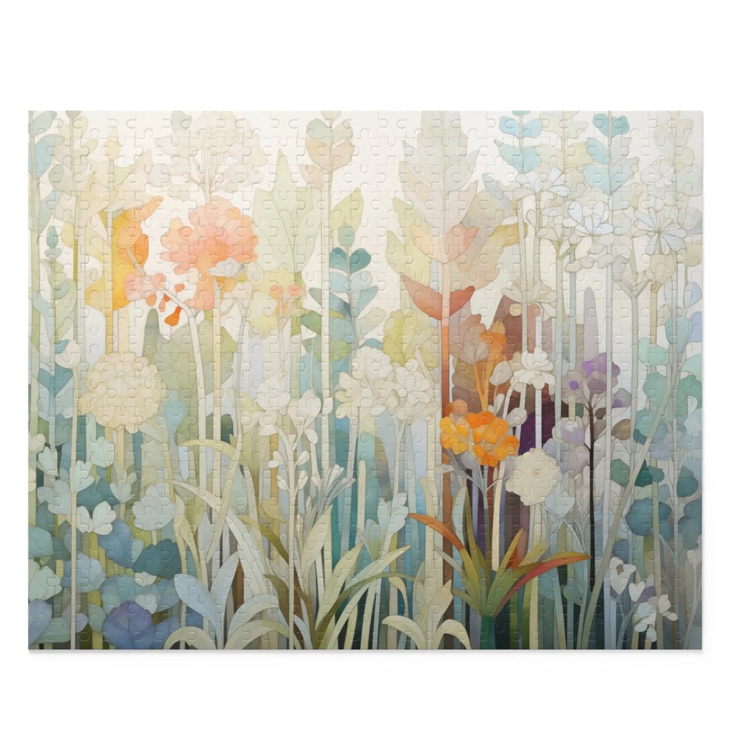 Explore the serene garden scene of the Pastel Botanicals Jigsaw Puzzle, showcasing intricate floral designs with colorful flowers in soft shades of blue, orange, and green. Crafted from high-quality chipboard pieces for a delightful puzzling experience.