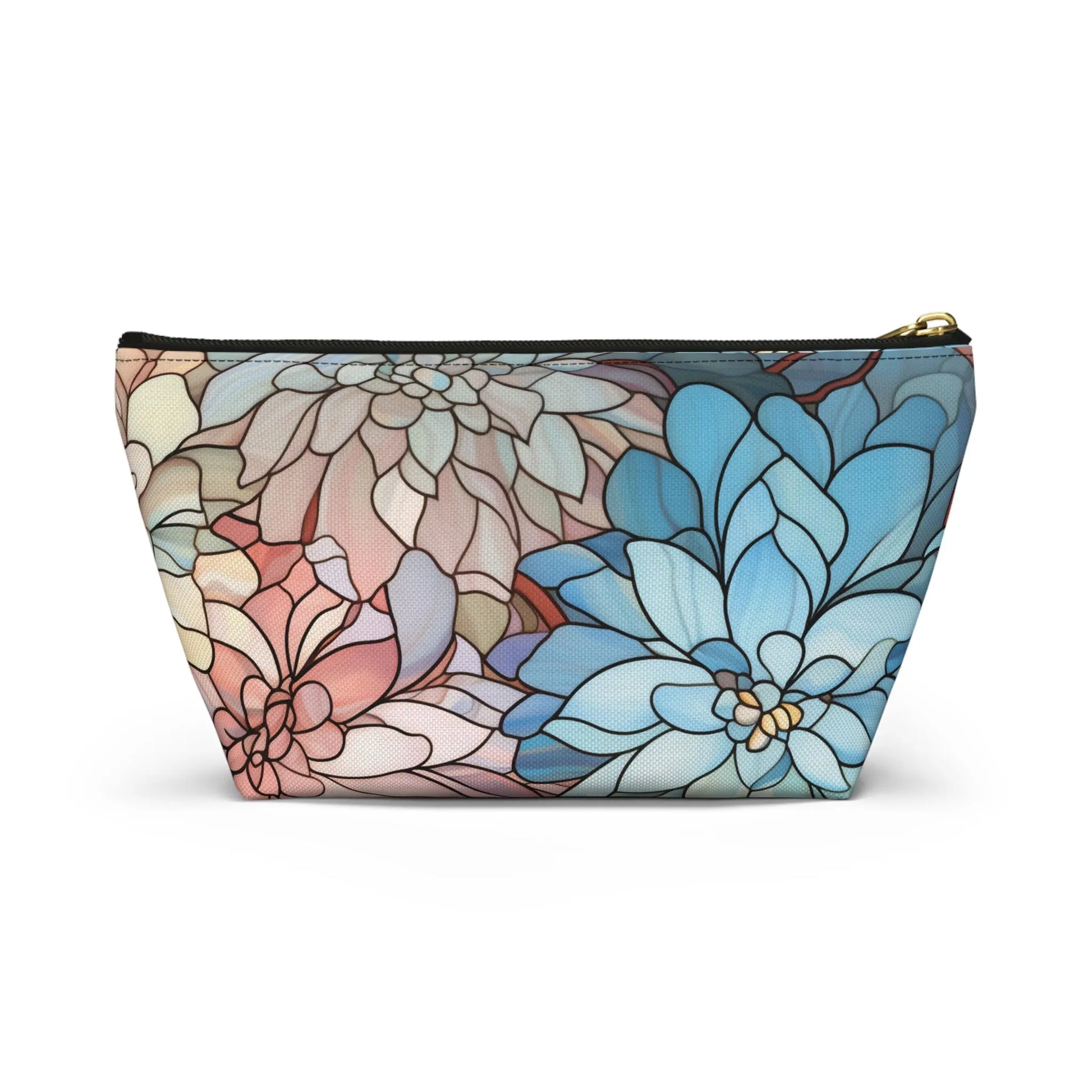 The Stained Glass Dark Flowers Cosmetic Bag is an elegant zippered pouch with a stained glass-inspired floral design in pastel blue, pink, and beige. Its detailed petals and overlapping flowers make it a charming boho gift option.