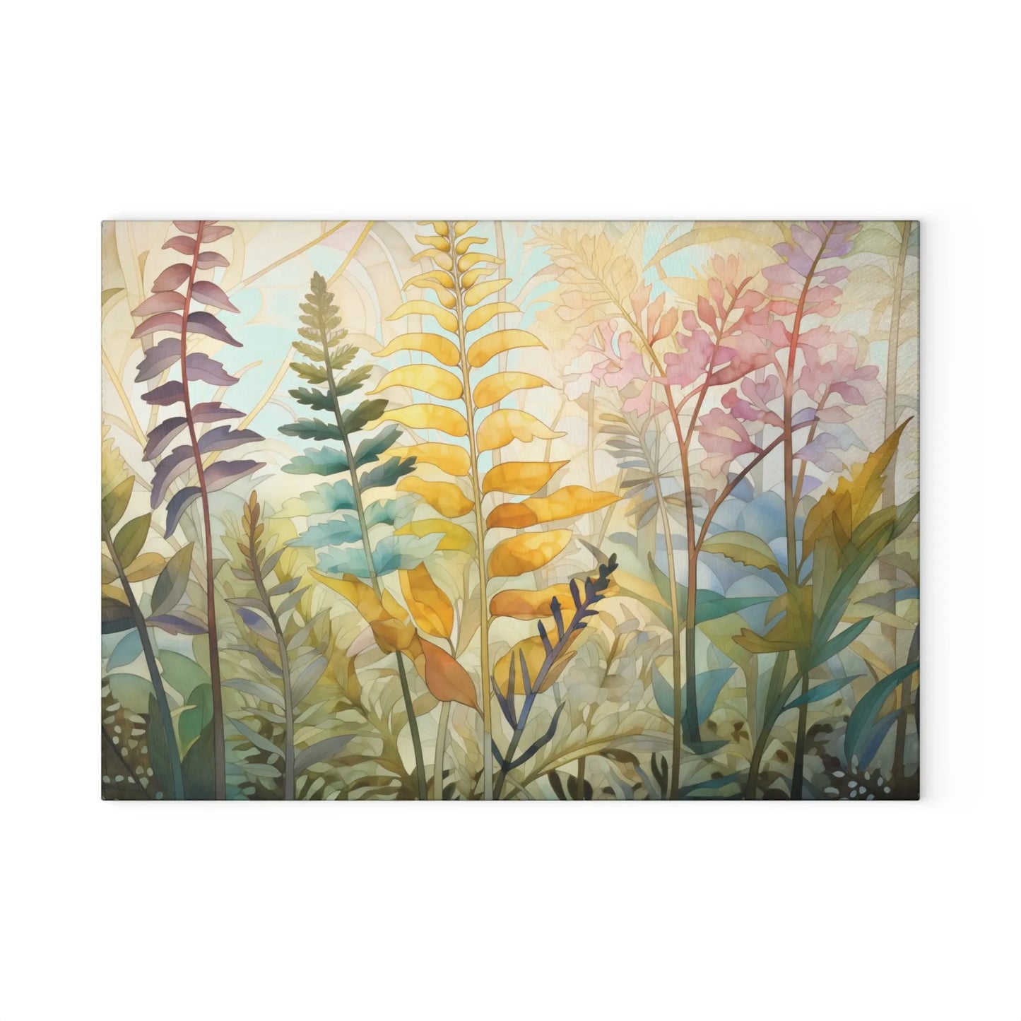 The Stained Glass Pastel Ferns Glass Cutting Board displays a digital artwork of vividly colored ferns and leaves in yellow, orange, green, and pink on a light background, evoking a whimsical and serene stained glass design.