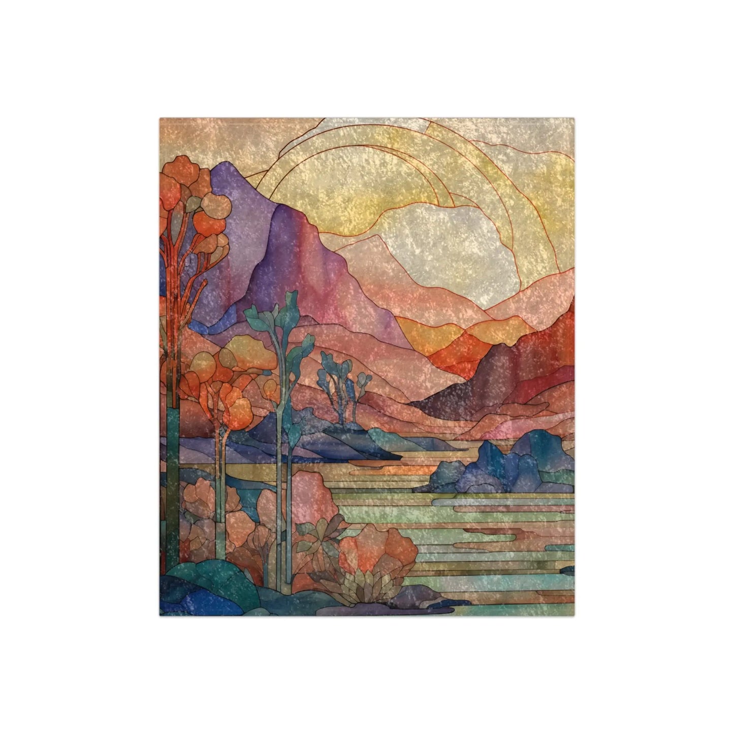 The Stained Glass Desert Sunset Crushed Velvet Blanket (50x60) features rainbow fern-inspired patterns with a colorful landscape of mountains, trees, and a river in warm oranges and reds blending with cool blues and greens for an abstract, vibrant effect.