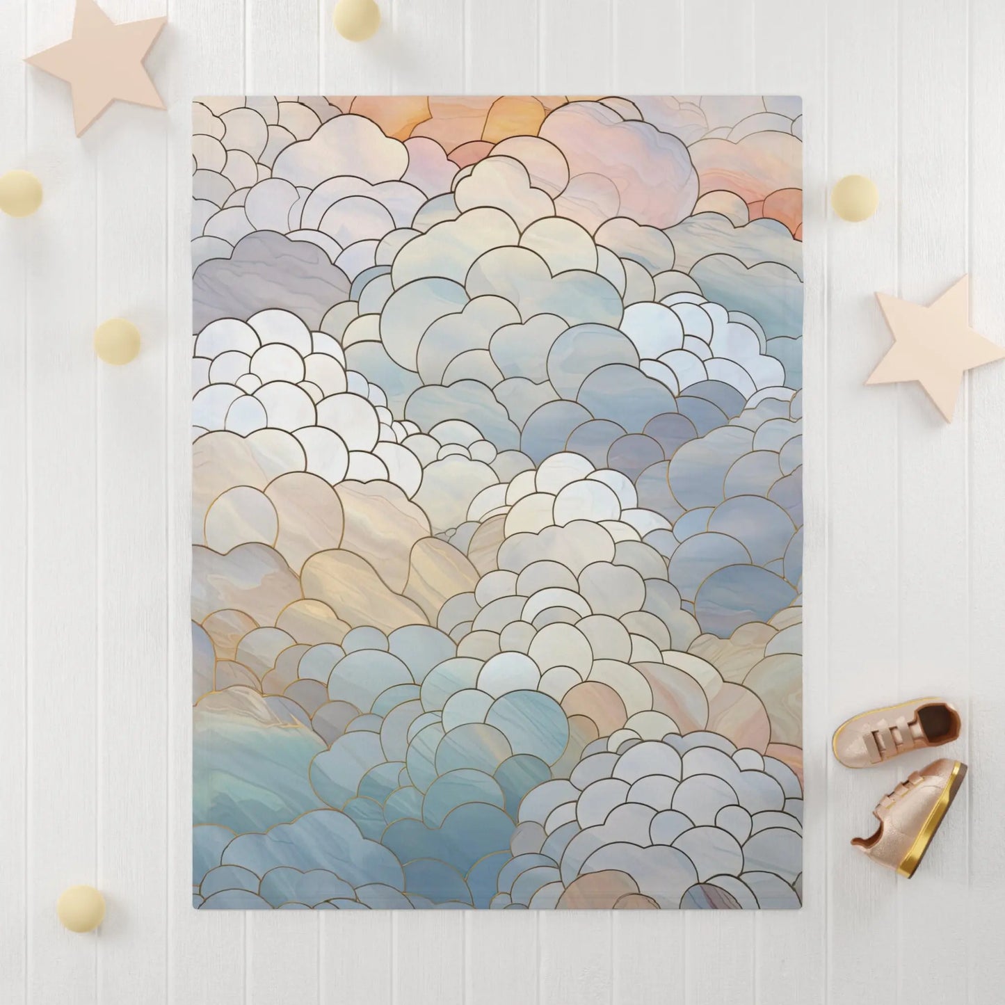 A picture of the Stained Glass Clouds Boho Baby Blanket, Calming Clouds Print from GlassyRock Arts.