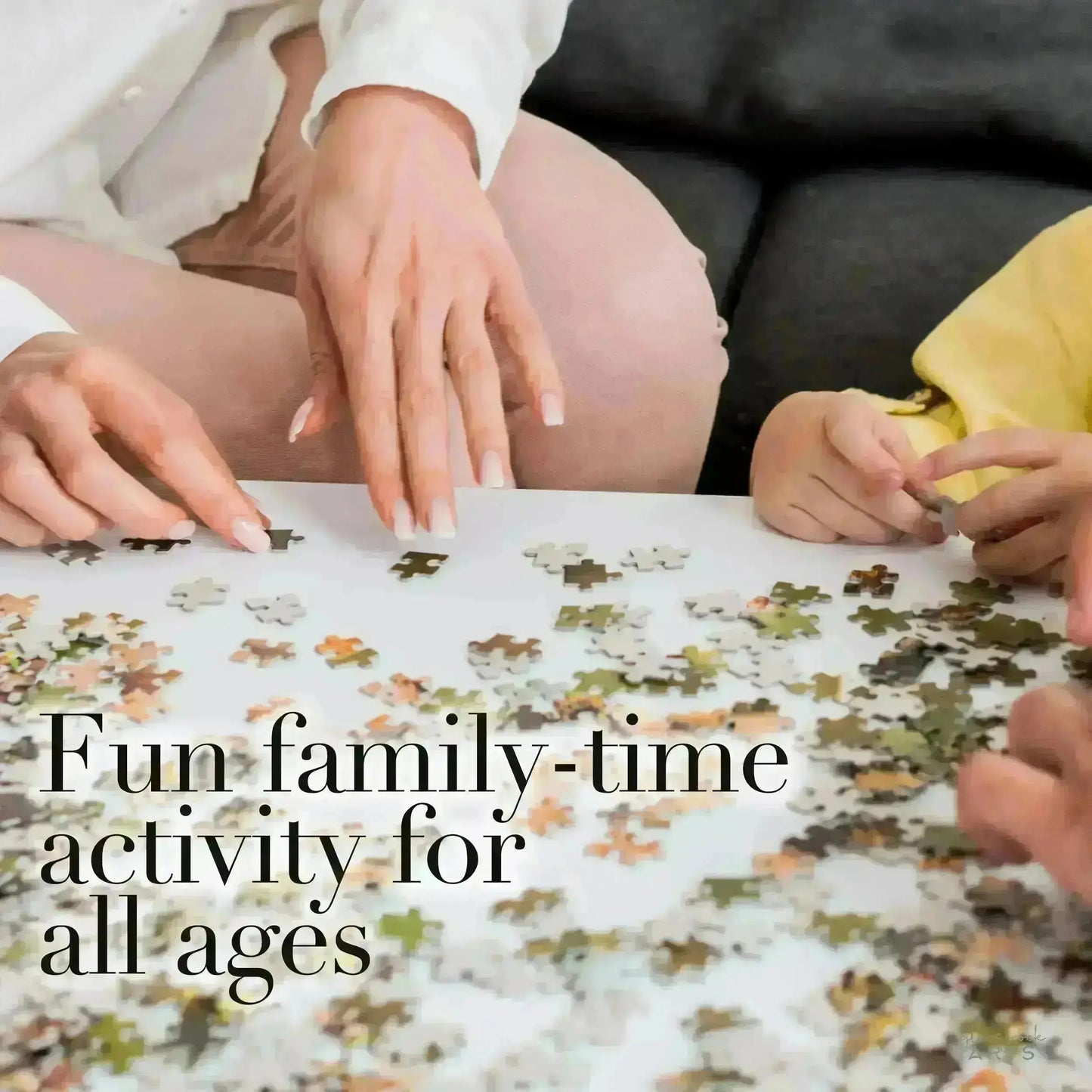 A family, including a child, assembles the Sea Turtle Reef Jigsaw Puzzle around a table. A fun family-time activity for all ages and the perfect challenge for any puzzle lover, reads the image text.