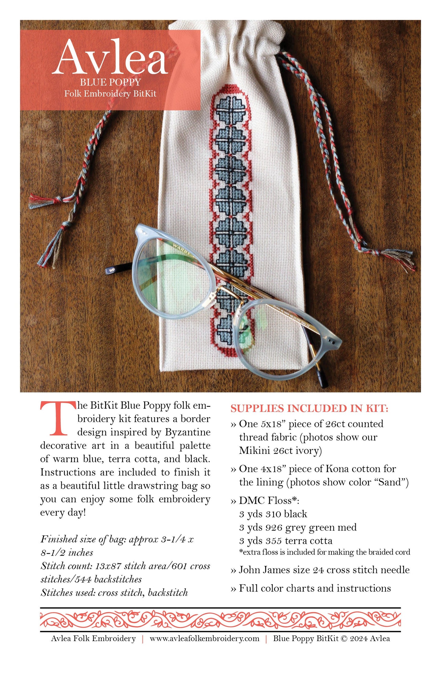 BitKit Blue Poppy cross stitch folk embroidery kit - Kit from Avlea Folk Embroidery