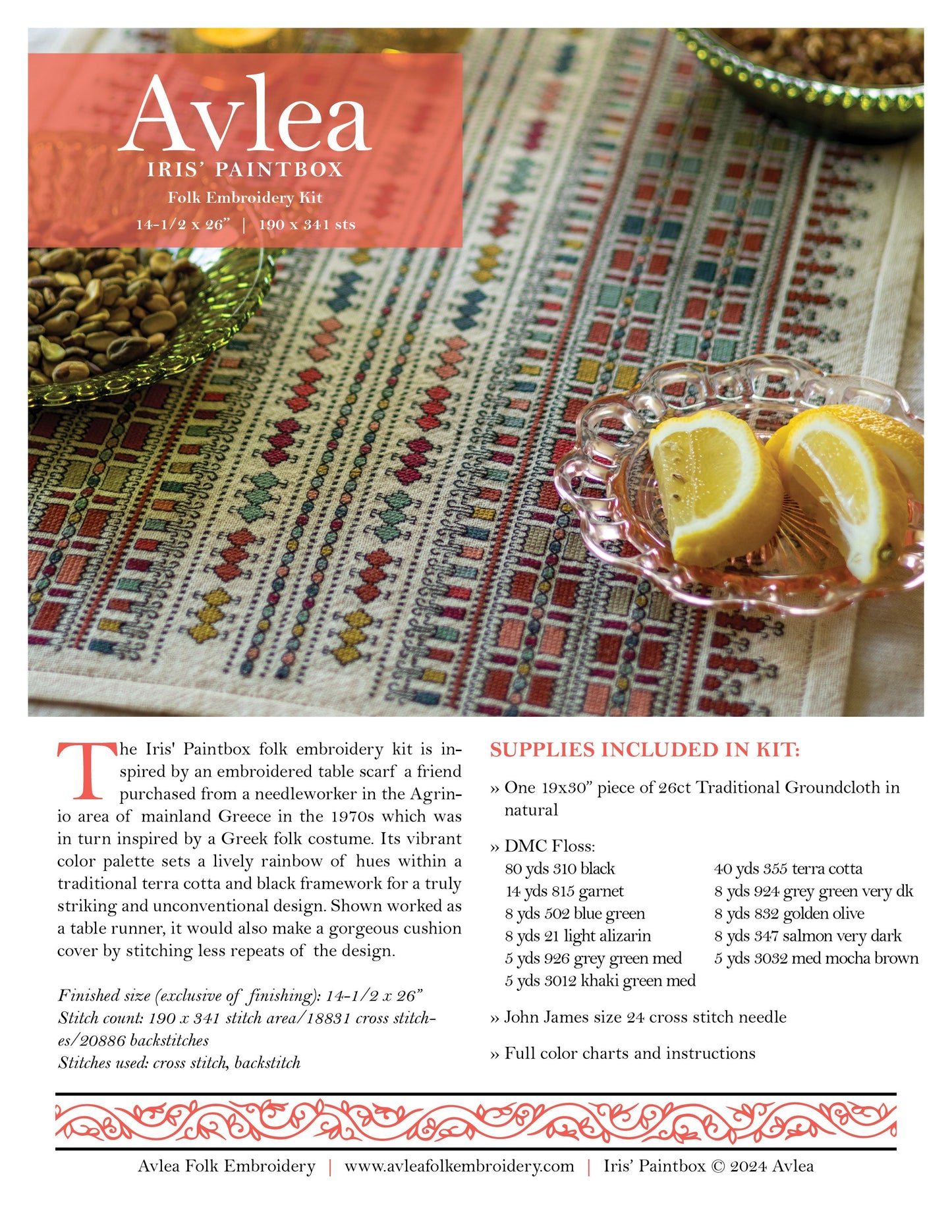 Iris Paintbox cross stitch folk embroidery kit - Kit from Avlea Folk Embroidery