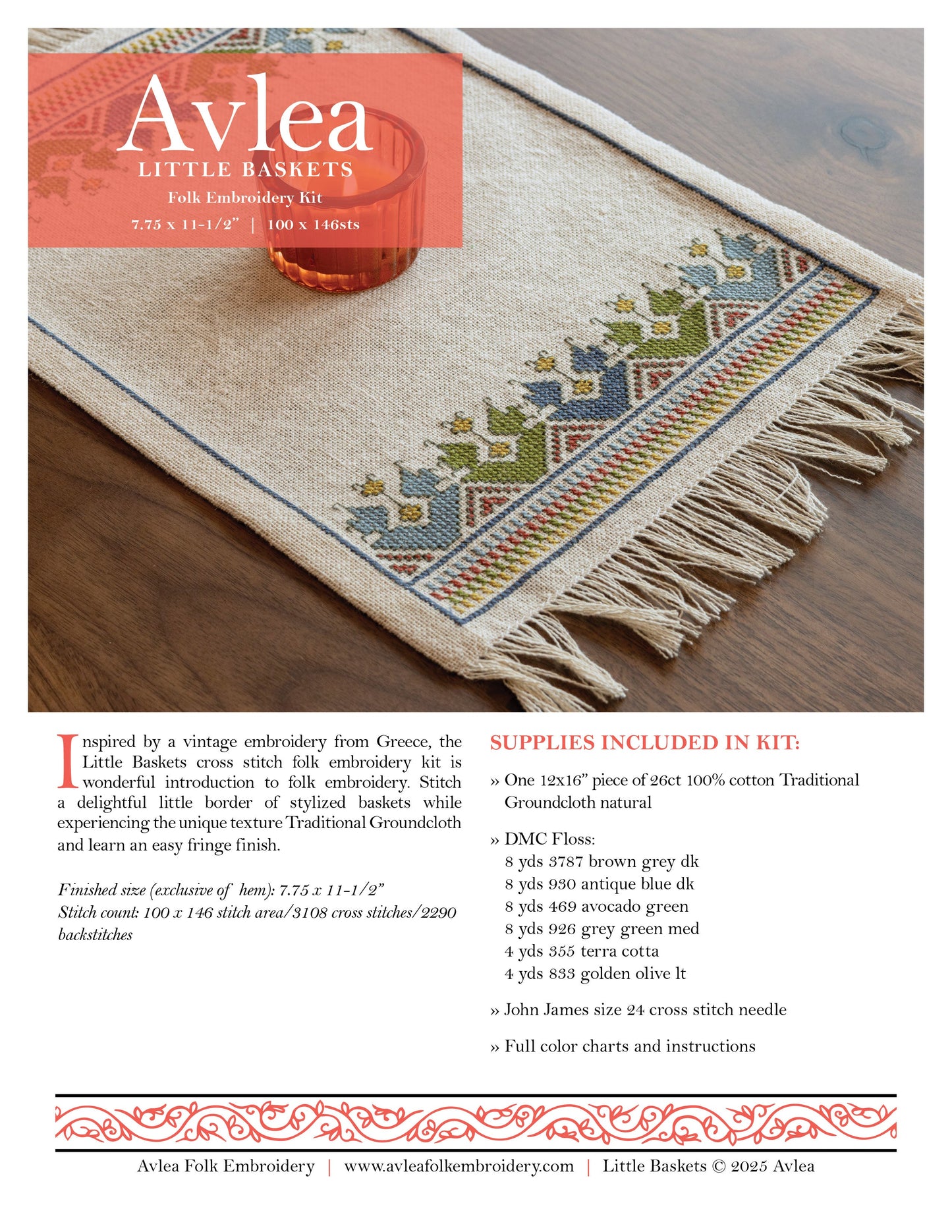 Little Baskets cross stitch folk embroidery kit - PDF pattern from Avlea Folk Embroidery