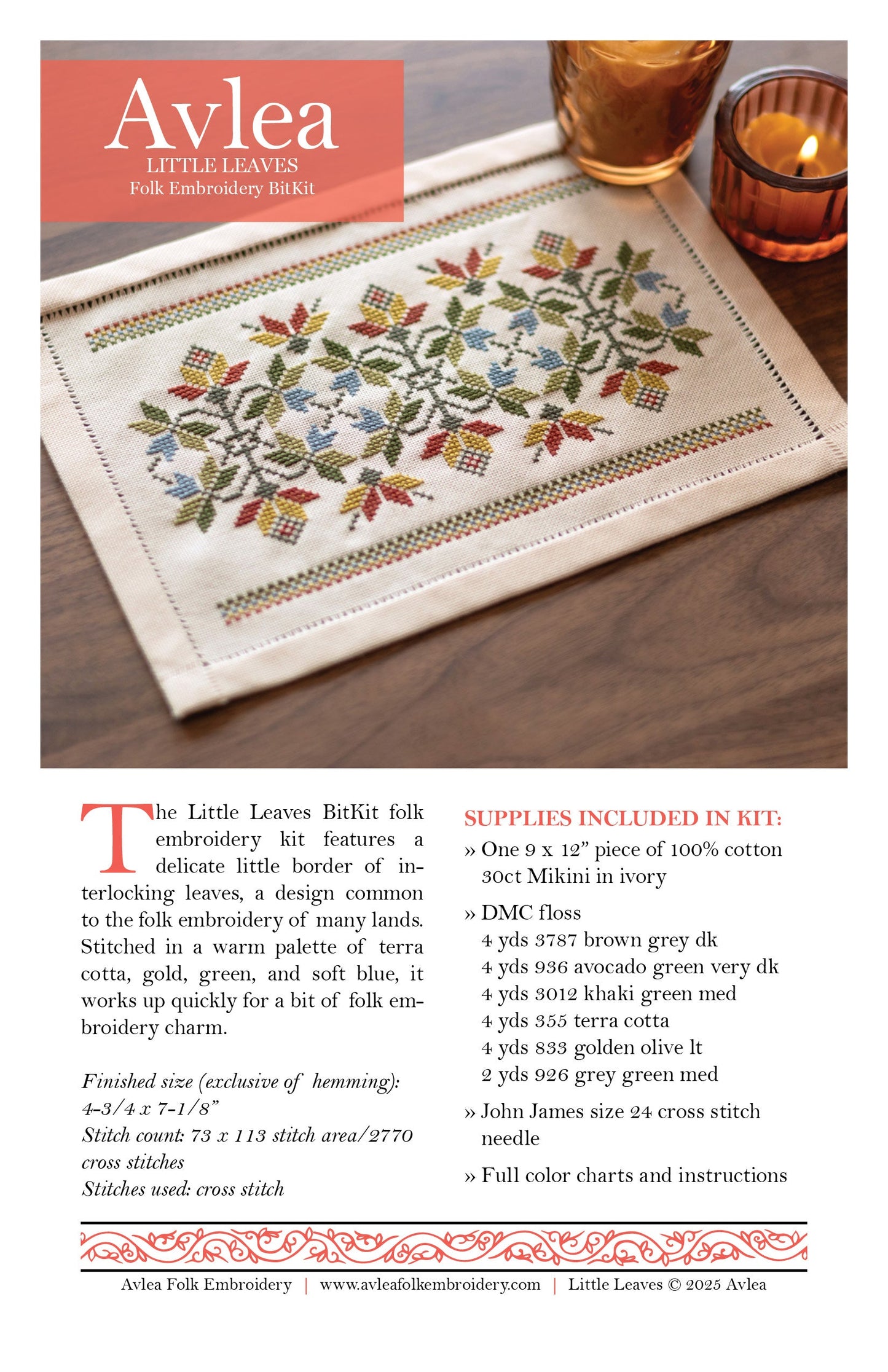 BitKit Little Leaves cross stitch folk embroidery kit - Kit from Avlea Folk Embroidery