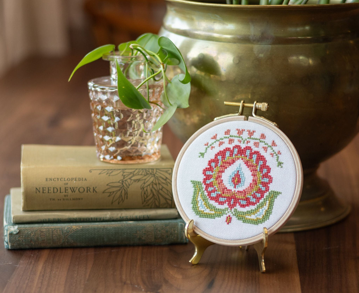 Santorini Peony cross stitch hoop kit, 4 inch