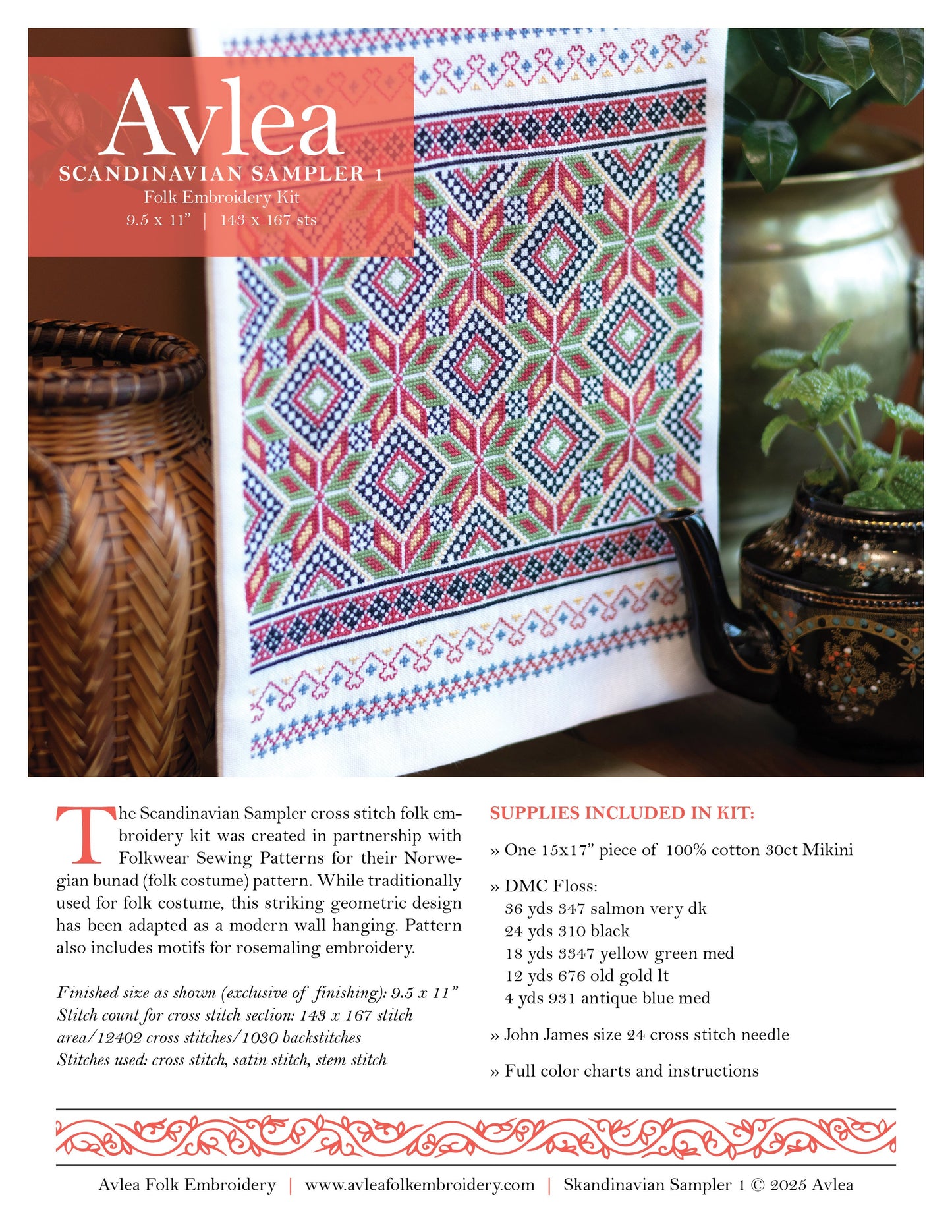 Scandinavian Sampler cross stitch folk embroidery kit - Kit from Avlea Folk Embroidery