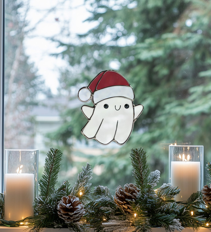 Cute Christmas Ghost Stained Glass Pattern and PNG - Crafting Patterns & Molds from GlassyRock Arts