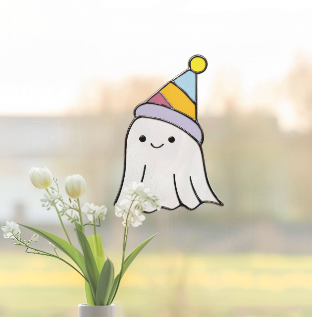 Cute Birthday Ghost Stained Glass Pattern and PNG - Crafting Patterns & Molds from GlassyRock Arts
