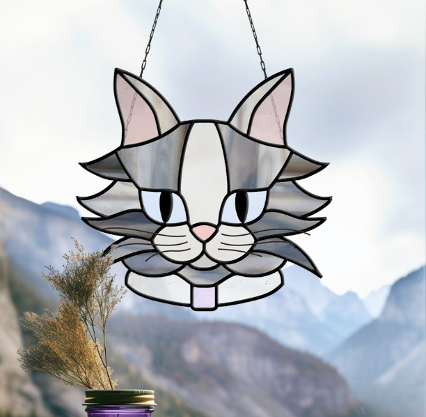 Fluffy Cat Stained Glass Pattern - Crafting Patterns & Molds from GlassyRock Arts