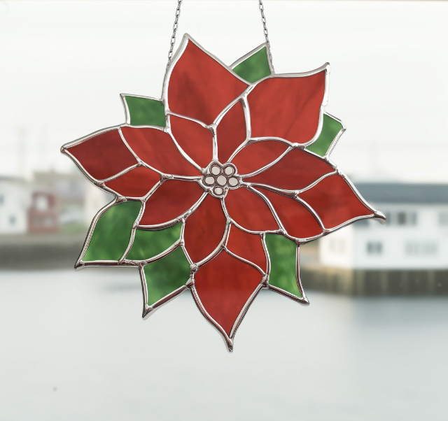 Poinsettia Suncatcher Stained Glass Pattern - Crafting Patterns & Molds from GlassyRock Arts