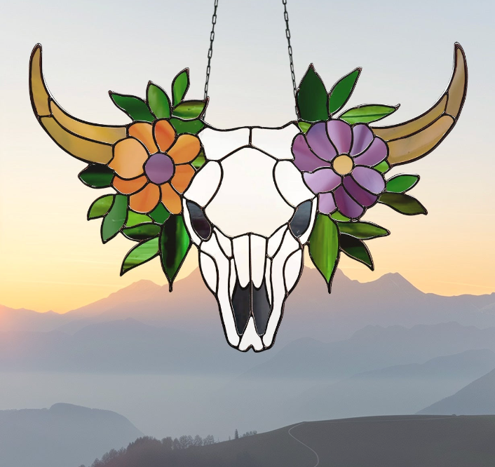 Cow Skull Floral Stained Glass Pattern - Crafting Patterns & Molds from GlassyRock Arts