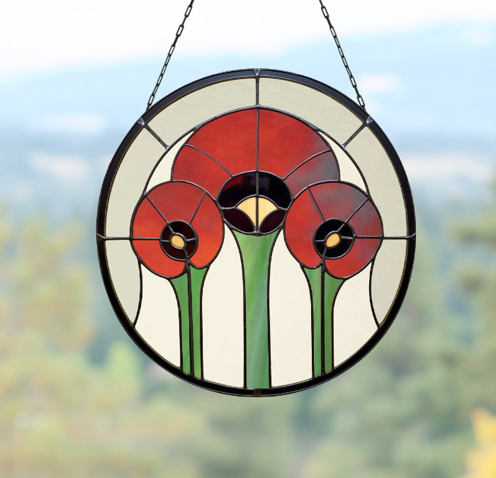 Prairie Poppies Round Stained Glass Pattern - Crafting Patterns & Molds from GlassyRock Arts